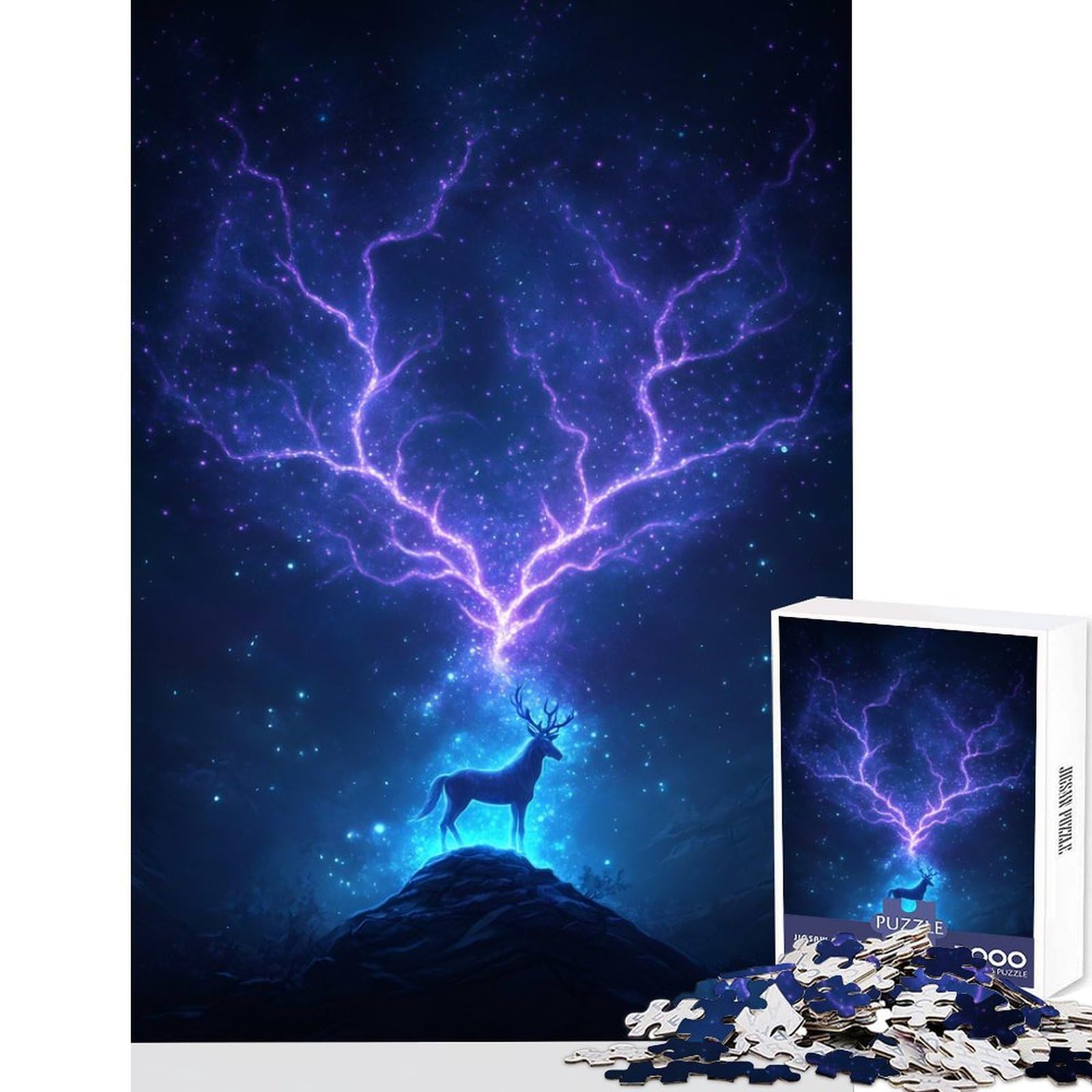 Magical Deer with Lightning Jigsaw Puzzle 1000 Piece Focus Boost Fun High Accuracy Cutting Craft Calming Mental Break Activity 38x52cm