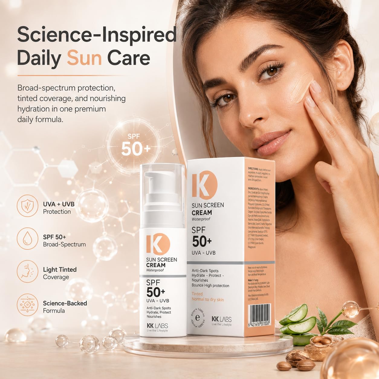 KK Labs Tinted Sun Cream for Normal to Dry Skin 50ml - Hydrating Daily Facial Sunscreen with a Tint That Evens Tone for a Natural, Radiant, Comfortable Complexion, Men and Women