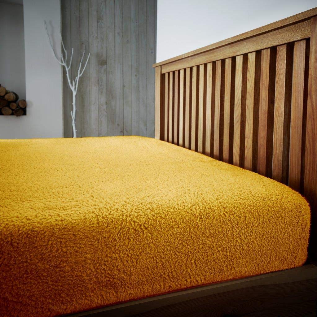 LIZZIE JACOBS Teddy Sherpa Fleece Fitted Bed Sheet Thermal Super Soft Warm Cosy Luxurious Plain Teddy Bear Fleece Bed Sheets (Ochre, Single)