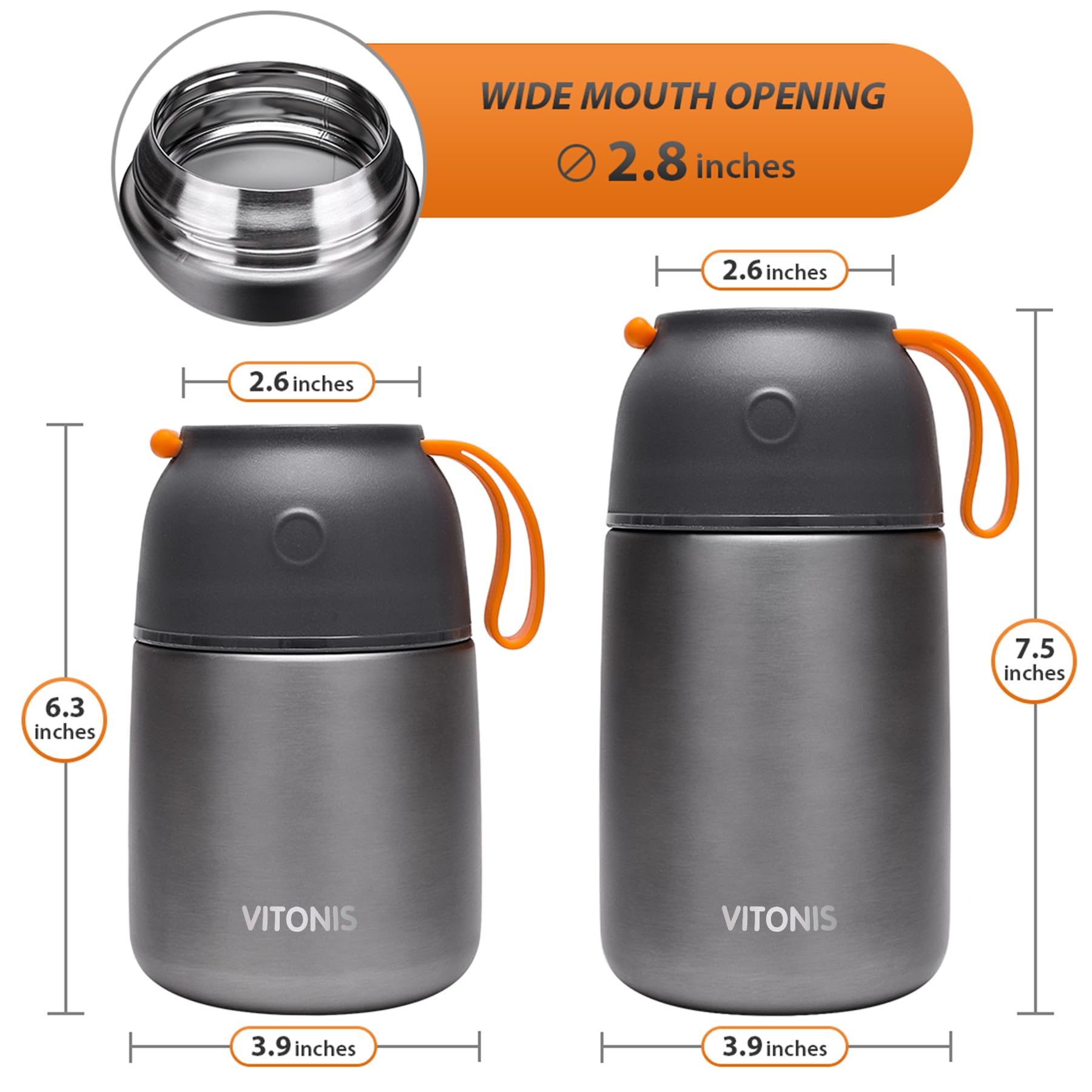 Boîtes Alimentaires Isothermes Set 500ml+700ml, Boîte Isotherme Repas Chaud en Acier Inoxydable avec Cuillère, Thermoisolant Boîte Récipient Thermique sans BPA pour Ecole Bureau, Noir