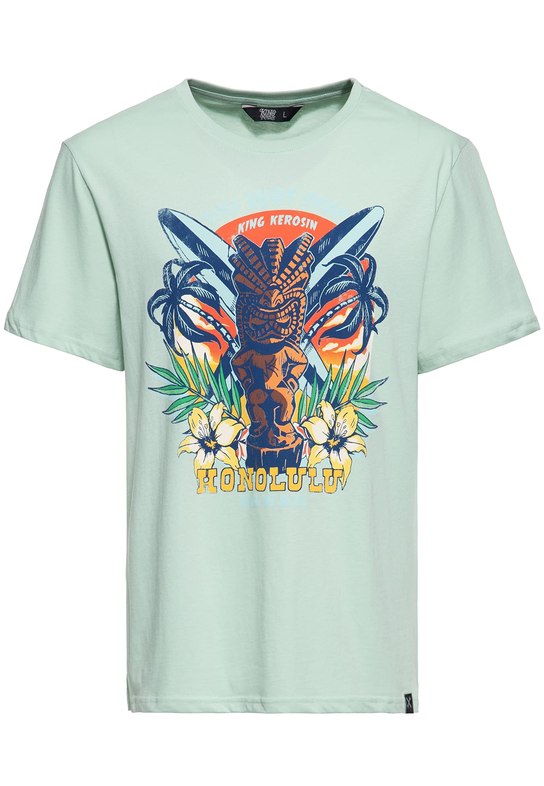 King Kerosin Męski klasyczny T-shirt | koszulka z krótkim rękawem | koszulka basic | regular fit | nadruk z przodu | retro | vintage | rockabilly | czysta bawełna | hawaje | Tikki | Surf Tiki Surf Shop