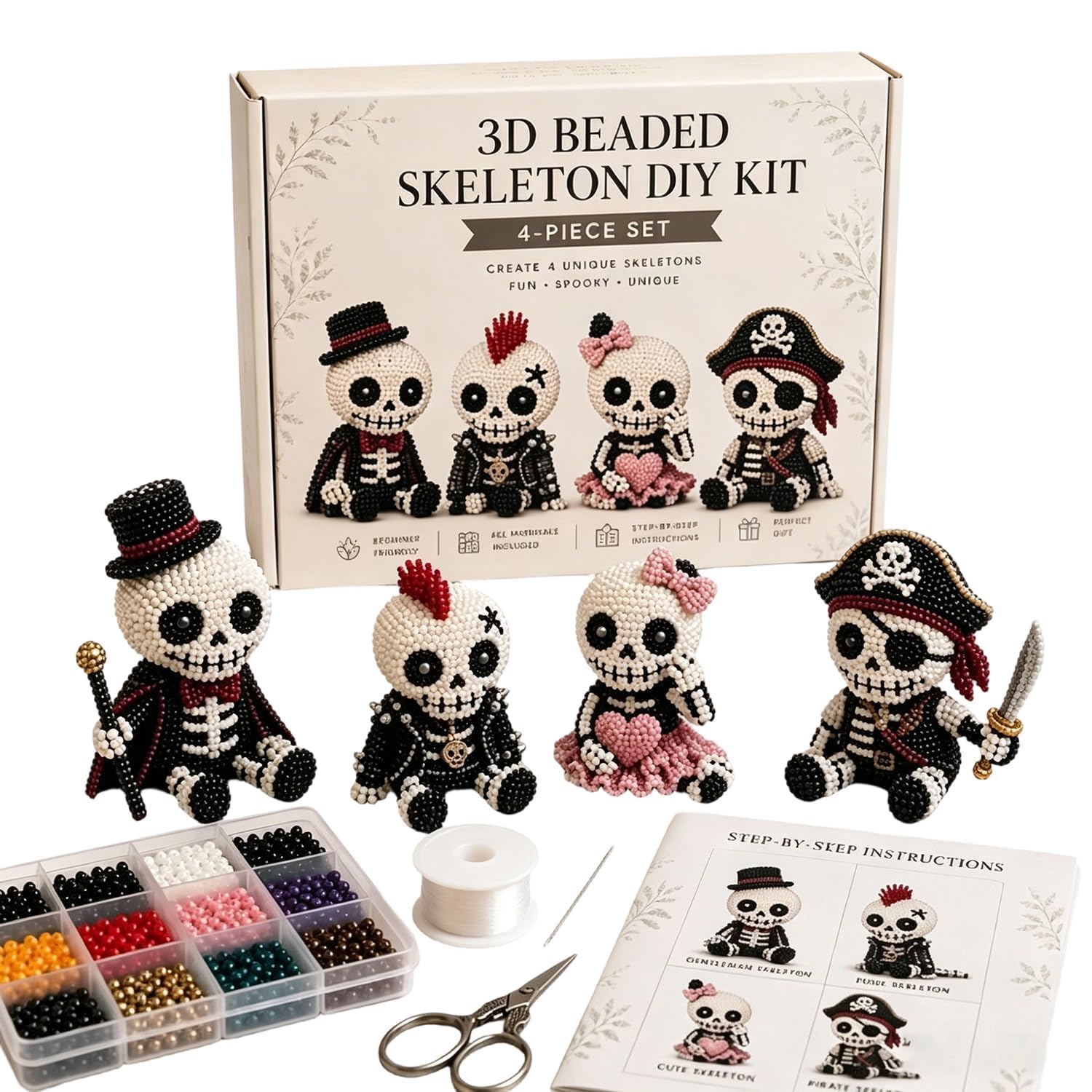 3D Beaded Skeleton DIY Kit, Petite Halloween 3D Beaded Skull Skeleton Craft Kit and Instructions, Tiny Beading World 3D DIY Collection, Cute 4-Pack DIY Skeletons Beading Set (Style A)
