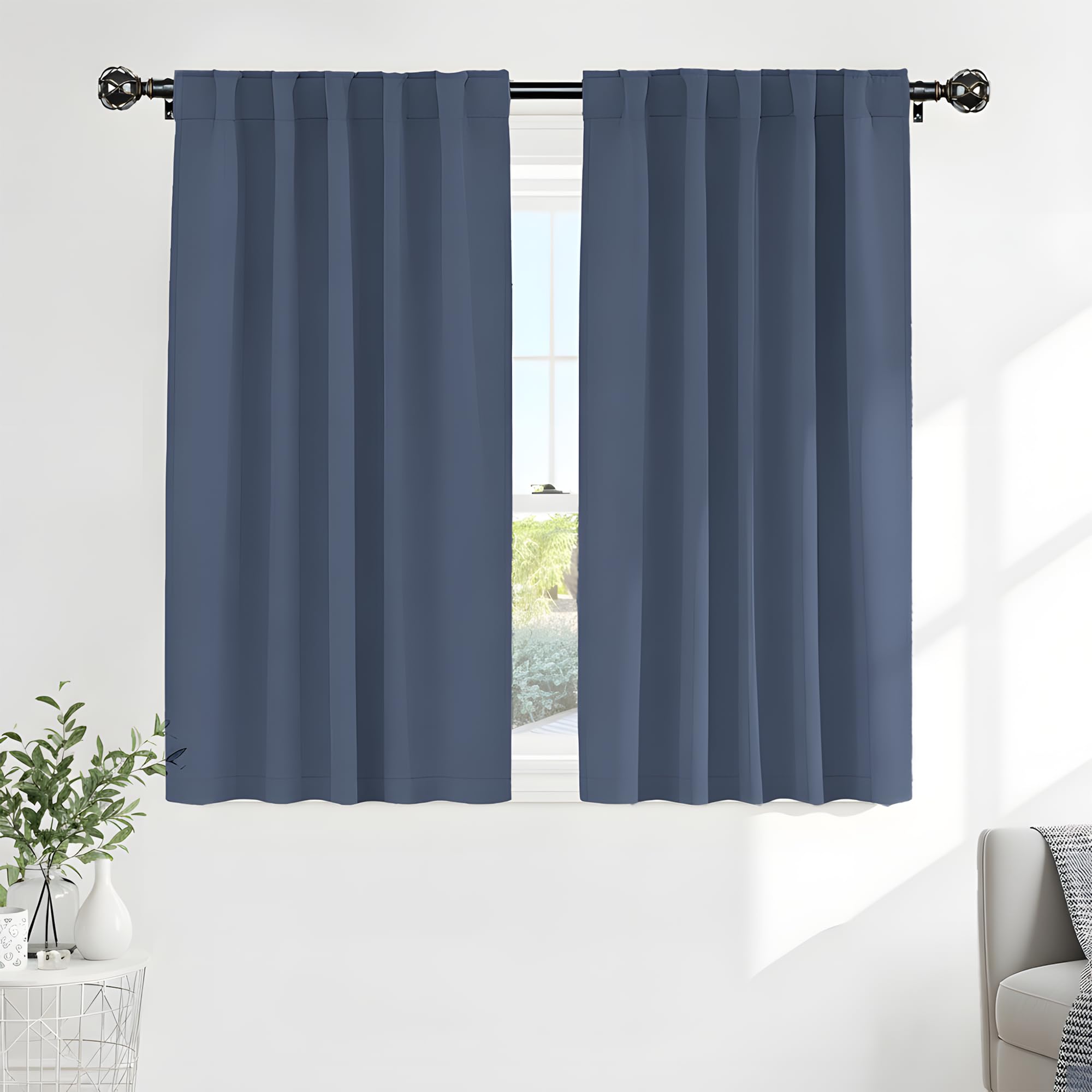PONY DANCE Window Curtains Drapes - Energy Saving Back Tab/Rod Pocket Room Darkening Thermal Draperies Heavy-Duty for Kitchen, 52 by 54 inch, Blue