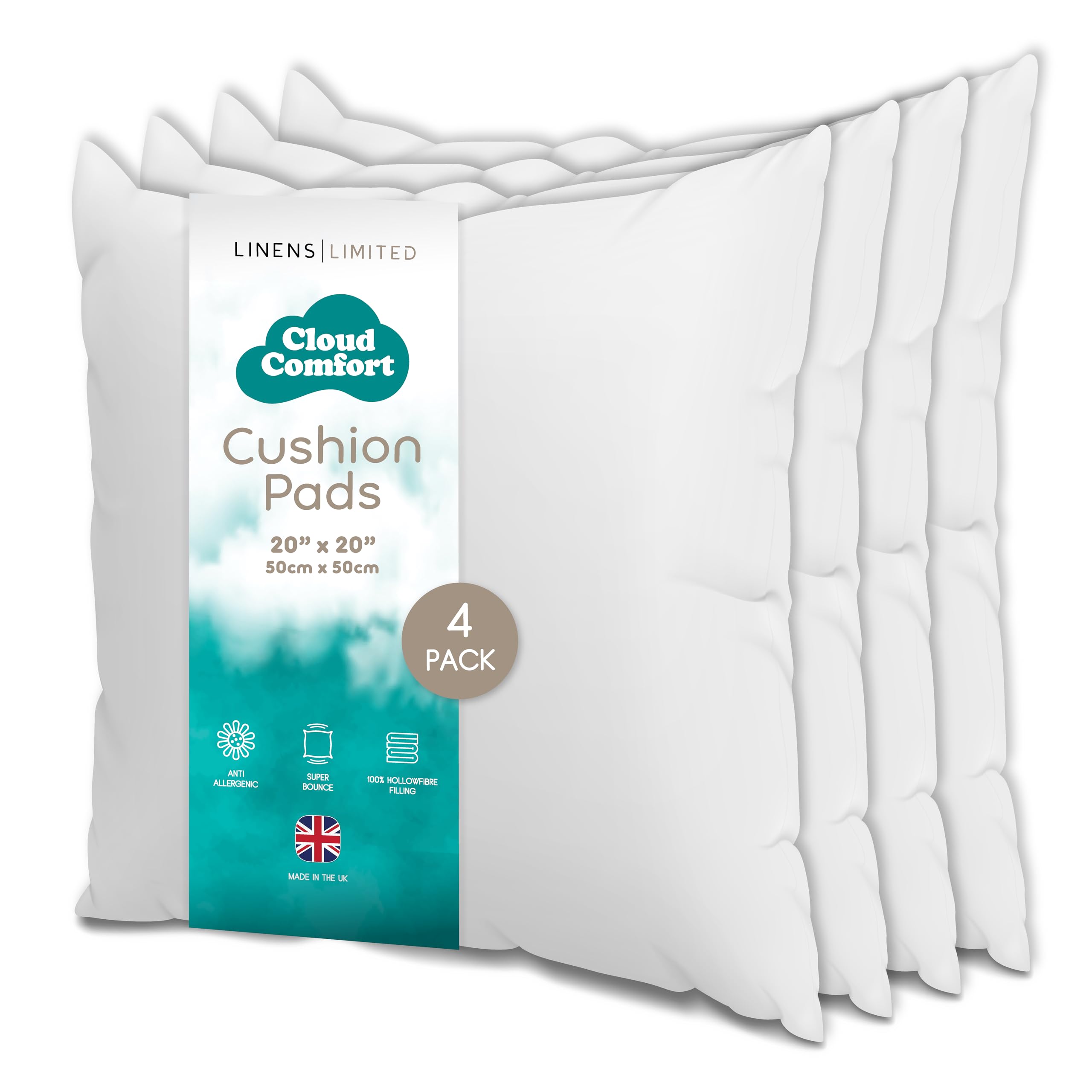 Linens Limited - Cushion Insert 50cm x 50cm, Made in the UK, Soft and Plump, Non-Allergenic Sofa Cushion Pad, Easy to Clean, Small Cushion Inner, Perfectly Fits Covers (White) (4 Pack)