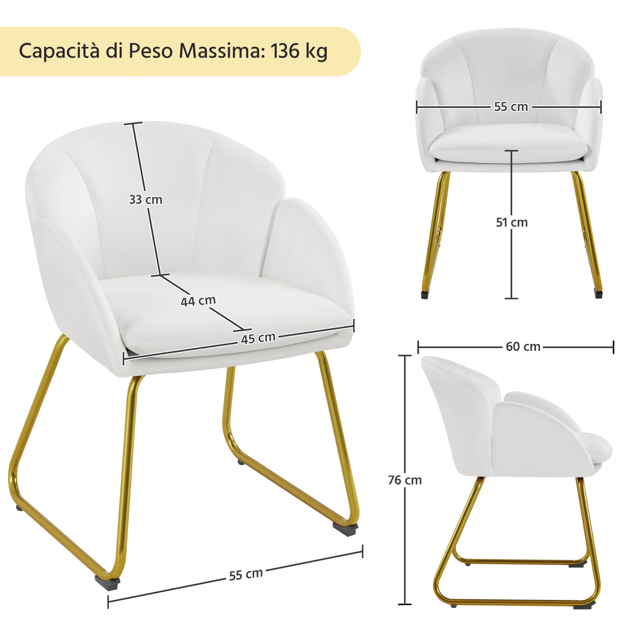 Yaheetech Poltrona Da Salotto In Tessuto Bouclé E Metallo Imbottita Con Schienale Braccioli Per Camera Da Letto Caff Studio Lettura Avorio