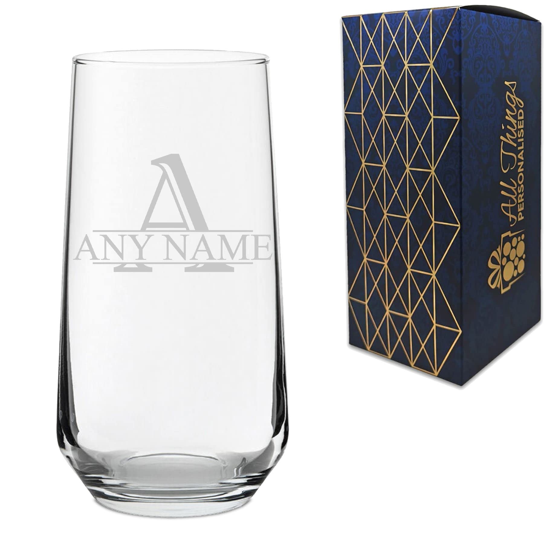 Personalised Engraved Allegra 16.5oz Hiball Glass with Initial and Name Design, Personalise with Any Name and Initial for Any Occasion, Gift Box Included, Laser Engraved