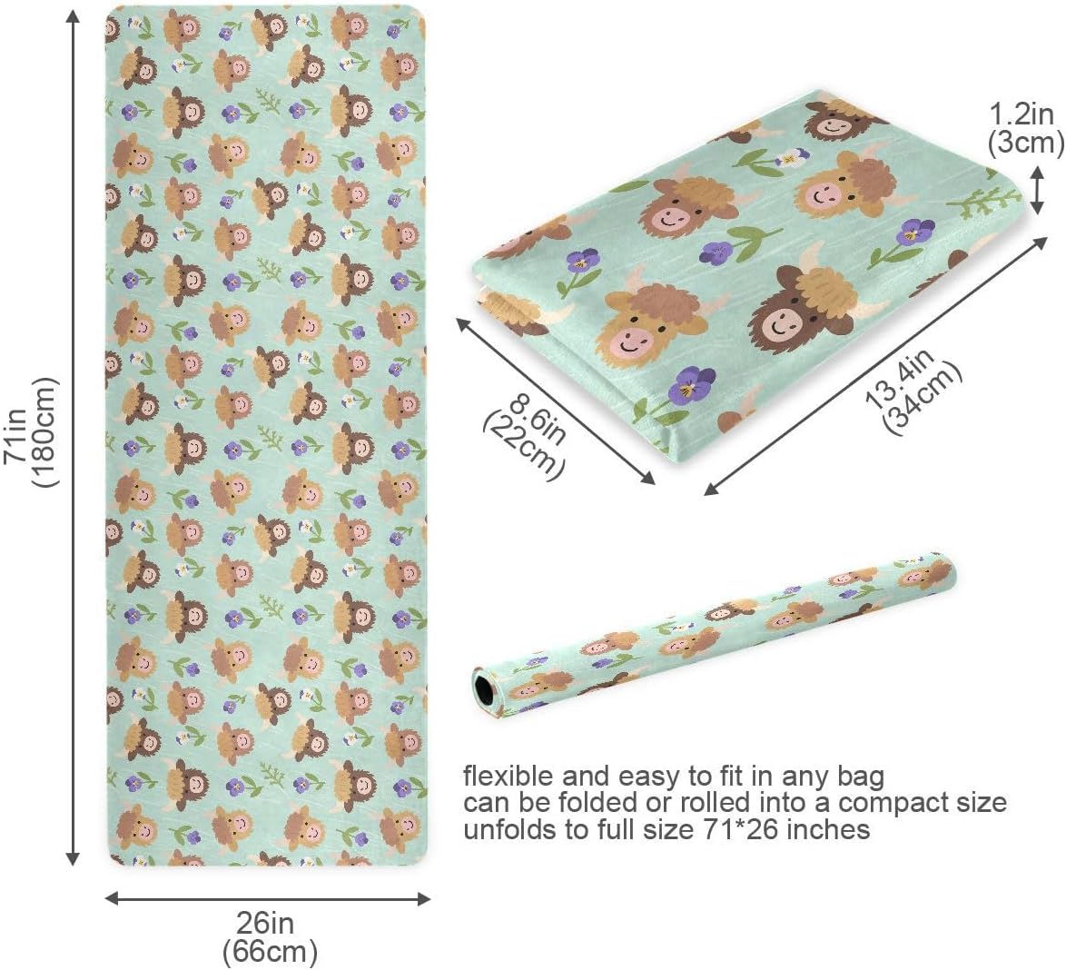 ALAZA Cartoon Highland Cattle Flowers Pattern Yoga Mat Non Slip Fitness Exercise Mat, Workout Mat for Yoga, Pilates and Floor Exercises