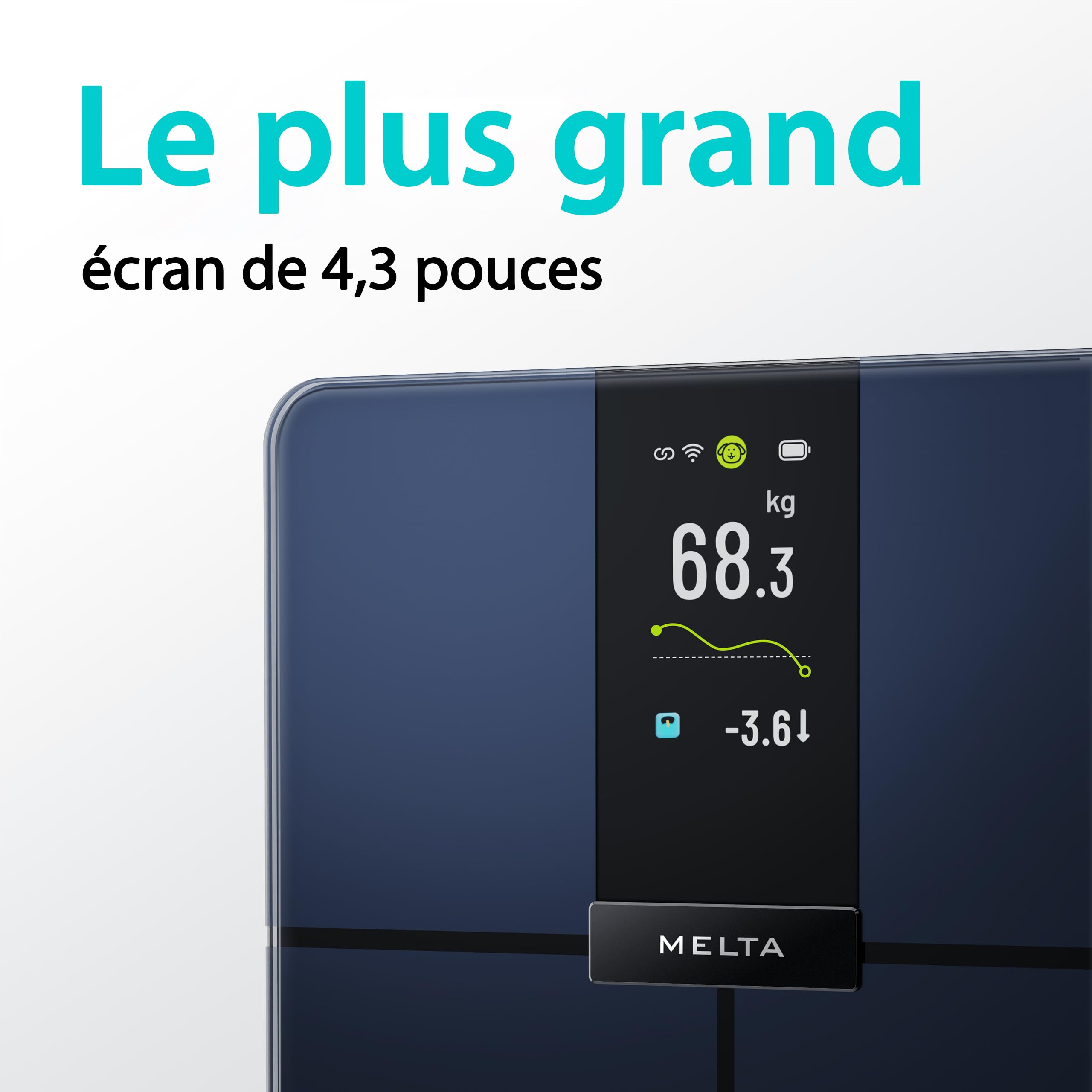MELTA. Balance Intelligente- Pèse-Personne Connecté Impédancemètre Wi-Fi & Bluetooth 5.0 | Écran TFT Couleur 4,3" | 18 Indicateurs Corporels | App Fitdays+ | 180 kg | Verre Trempé ITO