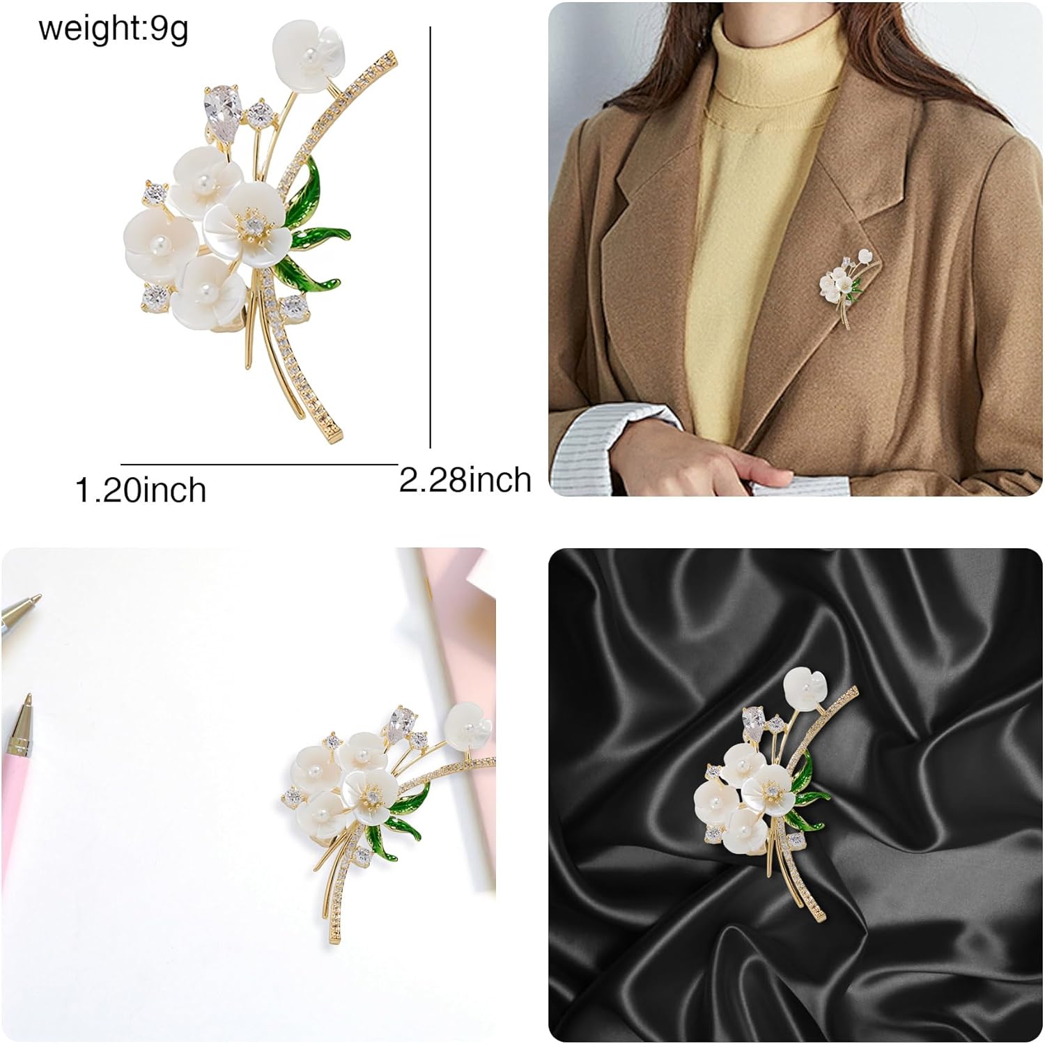 Shell Crystal Flower Brooch Pins for Women Elegant Rhinestone Floral Brooches Pin Fashion Jewelry for Party Dance Wedding Banquet Brooch for Women Girl Gift - Image 3