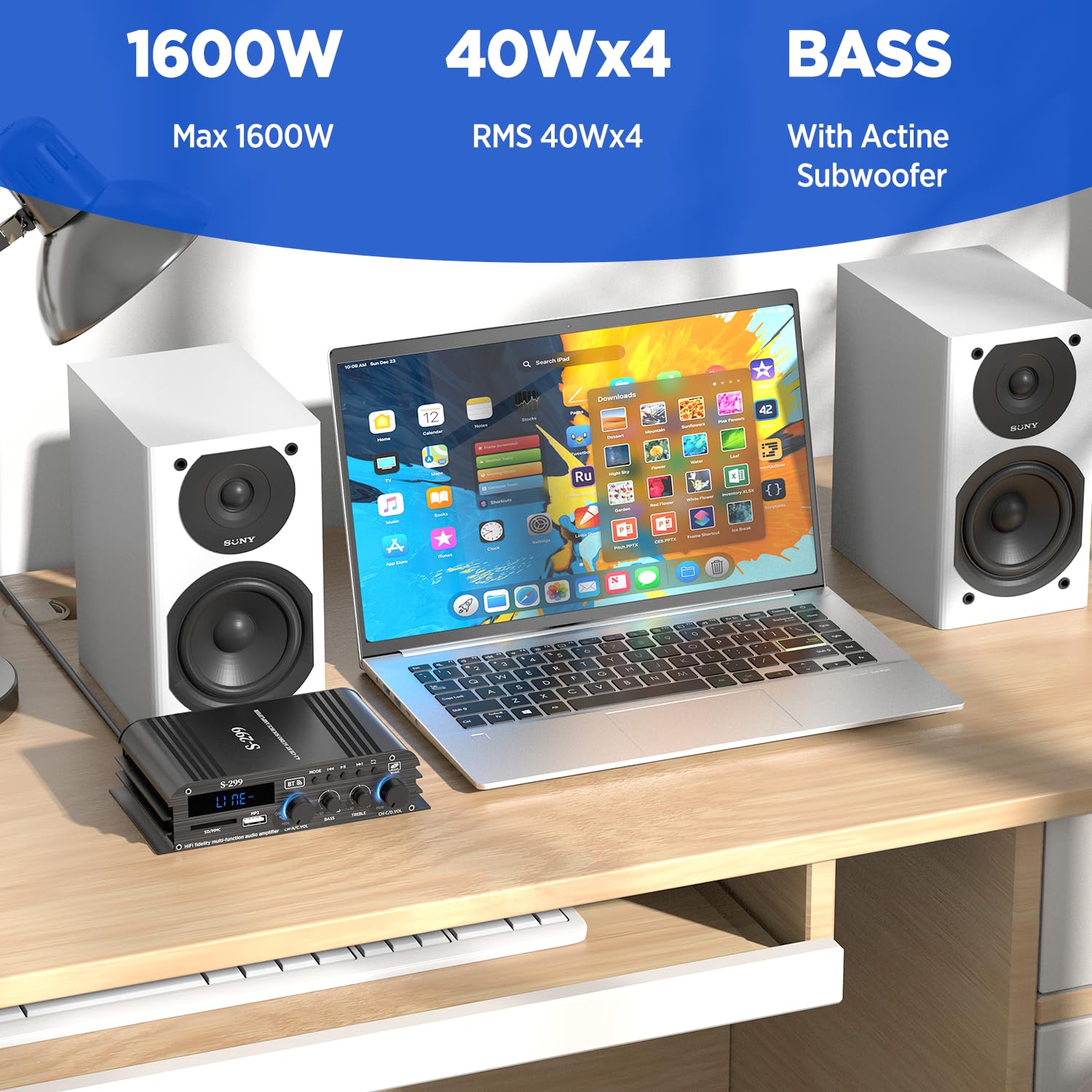1600W Amplificateur hifi Bluetooth 5.0, 40W x 4 +Caisson de basses actif | 4,1 CH Ampli Voiture Home Cinema Amplificateur de son Avec TF/USB Récepteur pour Mobile Maison Chambre