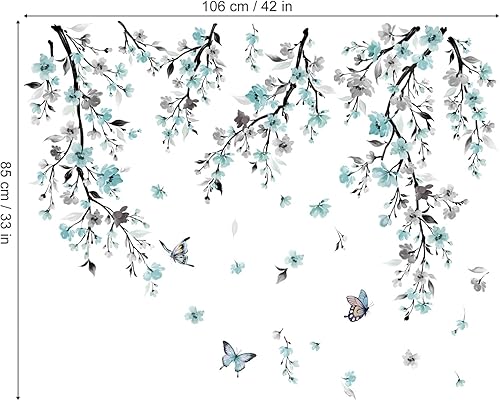 Miniatura 4 de wondever Calcomanías de pared de acuarela con flores y vides, color azul, para colgar en ramas de árbol, para sala de estar, dormitorio, pared de TV