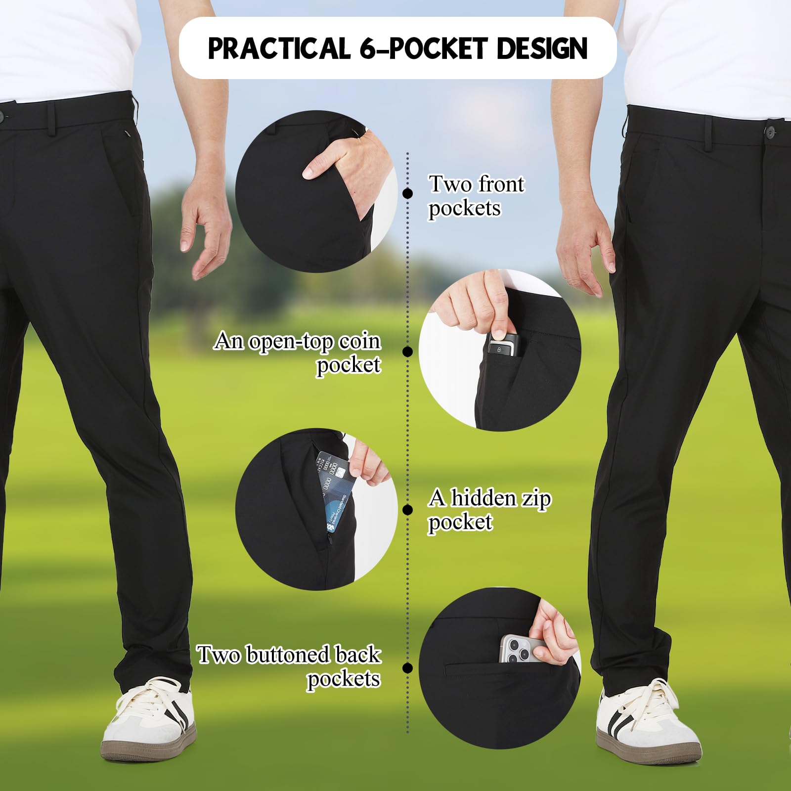 Classic Fit Golfhose für Herren, Stretch Atmungsaktiv & Schnell Trocknend mit Silikongreifer-Bund und Taschen für Optimalen Komfort auf dem Golfplatz