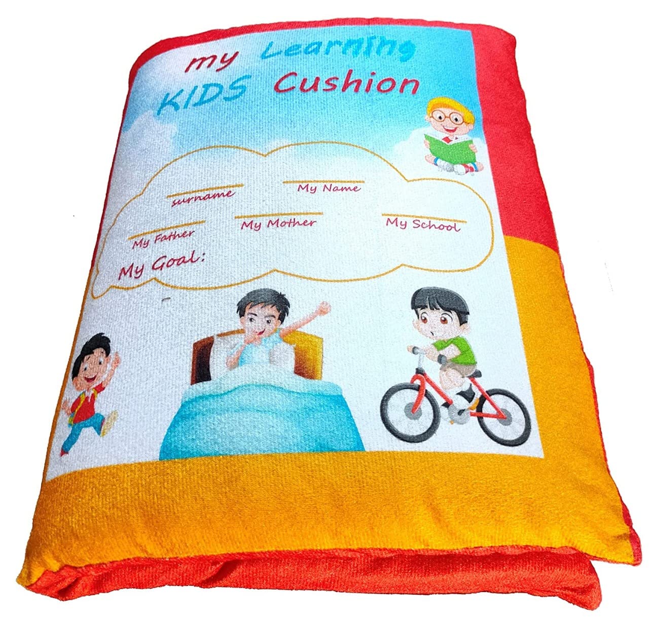 Heryla Creation Kid's Learning Pillow Cum Book with English and Hindi Alphabets, Numbers, Animals Names Learning for Kids Cushion Book (red)