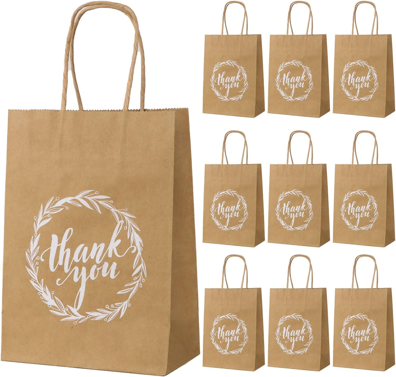 COLOFALLA 10pcs Thank You Gift Bags Kraft Brown Paper Party Bags with Handle Rustic Vintage Return Bags for Guests for Wedding Baby Shower Birthday, 15X8X21cm