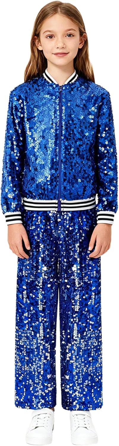 Sywiyi Girls Sequin 2 Piece Outfit Sweatsuit Zip up Bomber Jacket and Wide Leg Sweatpants Dancing Clothing Sets Royal Blue 14 Years