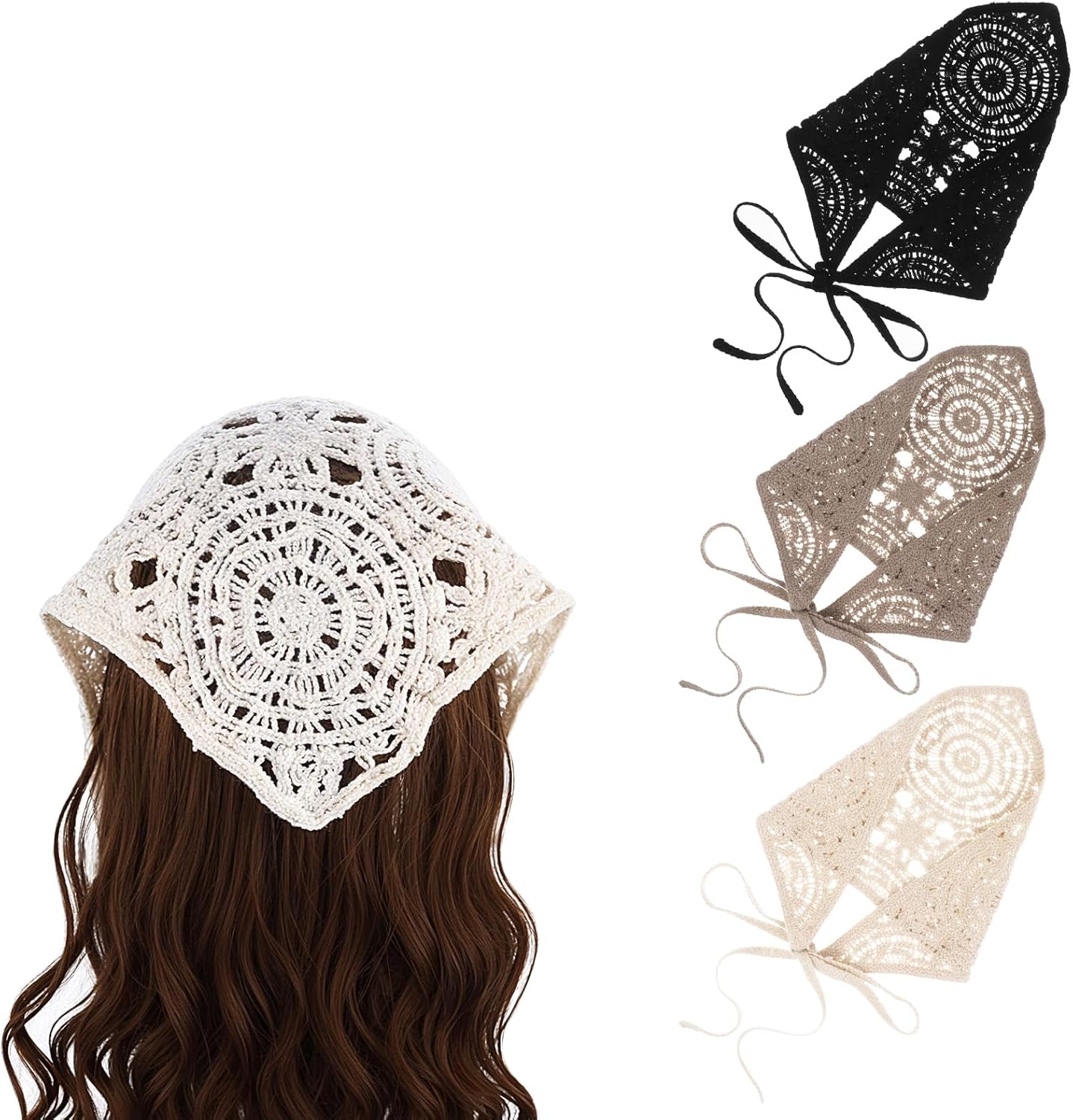 3PCS Crochet Headbands for Women – Hollow Knitted Crochet Bandana Kerchief Hair Scarf Headbands – Vintage Style Scarf Hijab for Women and Girls – Black+Beige+Brown, Black, Apricot, Brown 3PCS Crochet Headbands for Women – Hollow Knitted Crochet Bandana Kerchief Hair Scarf Headbands – Vintage Style Scarf Hijab for Women and Girls – Black+Beige+Brown, Black, Apricot, Brown