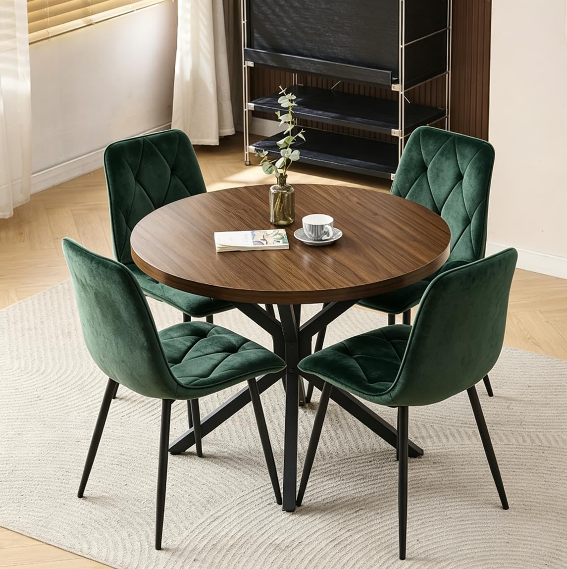 Menaka Round Dining Table and Chairs Set of 4 for Kitchen Diner, 5 Pieces Oak Wood Table with 4 Chairs for Compact Dinette Restaurant (4 argyle grid green velvet chairs, 95cm Walnut Brown Table)