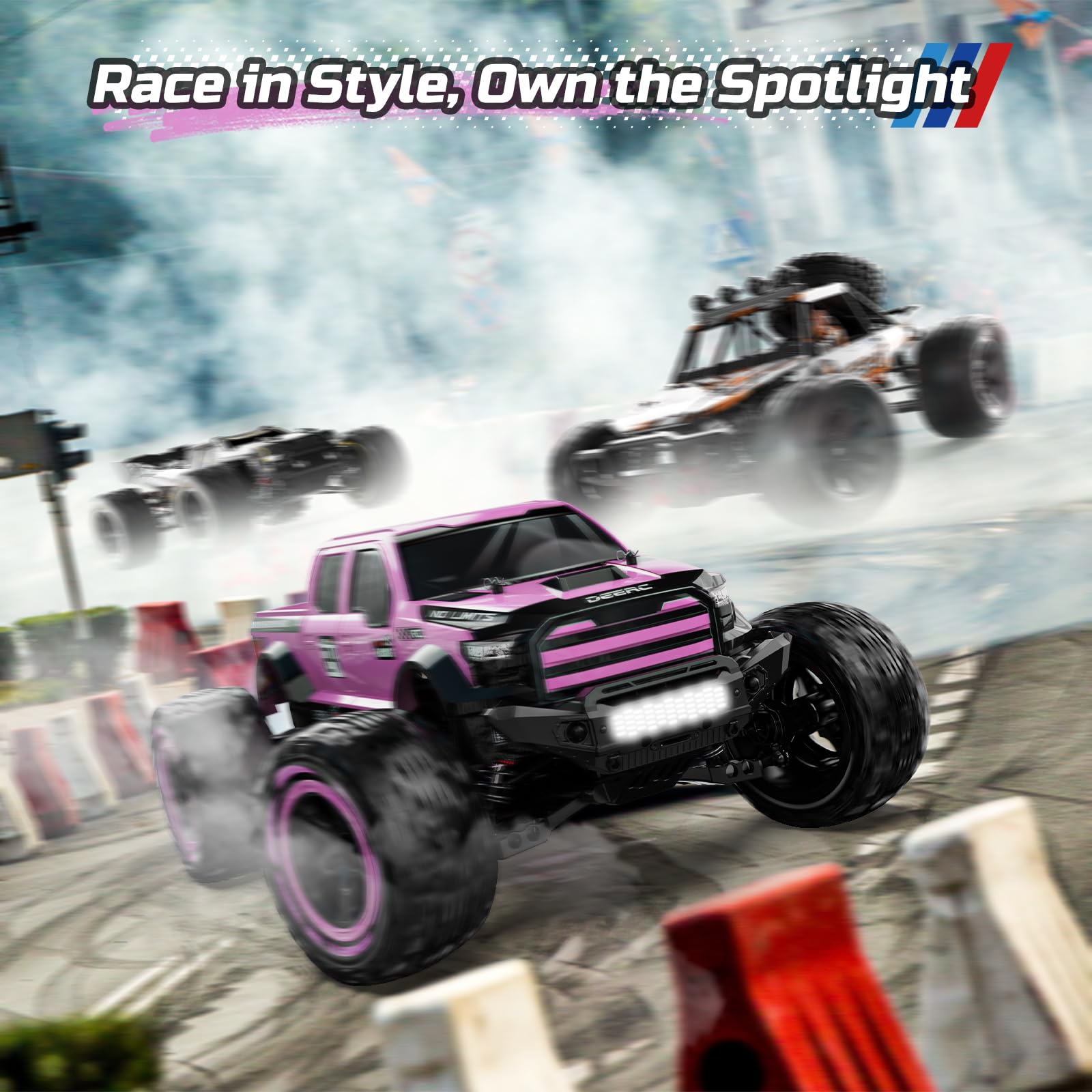 DEERC 1:10 Coche Teledirigido Rápidos para Adultos, Monster Truck 4x4 a Control Remoto, RC Coche 48+ km/h, Todoterreno de Alta Velocidad, Color Rosa, con 2 Baterías Modulares, Regalo para Niños