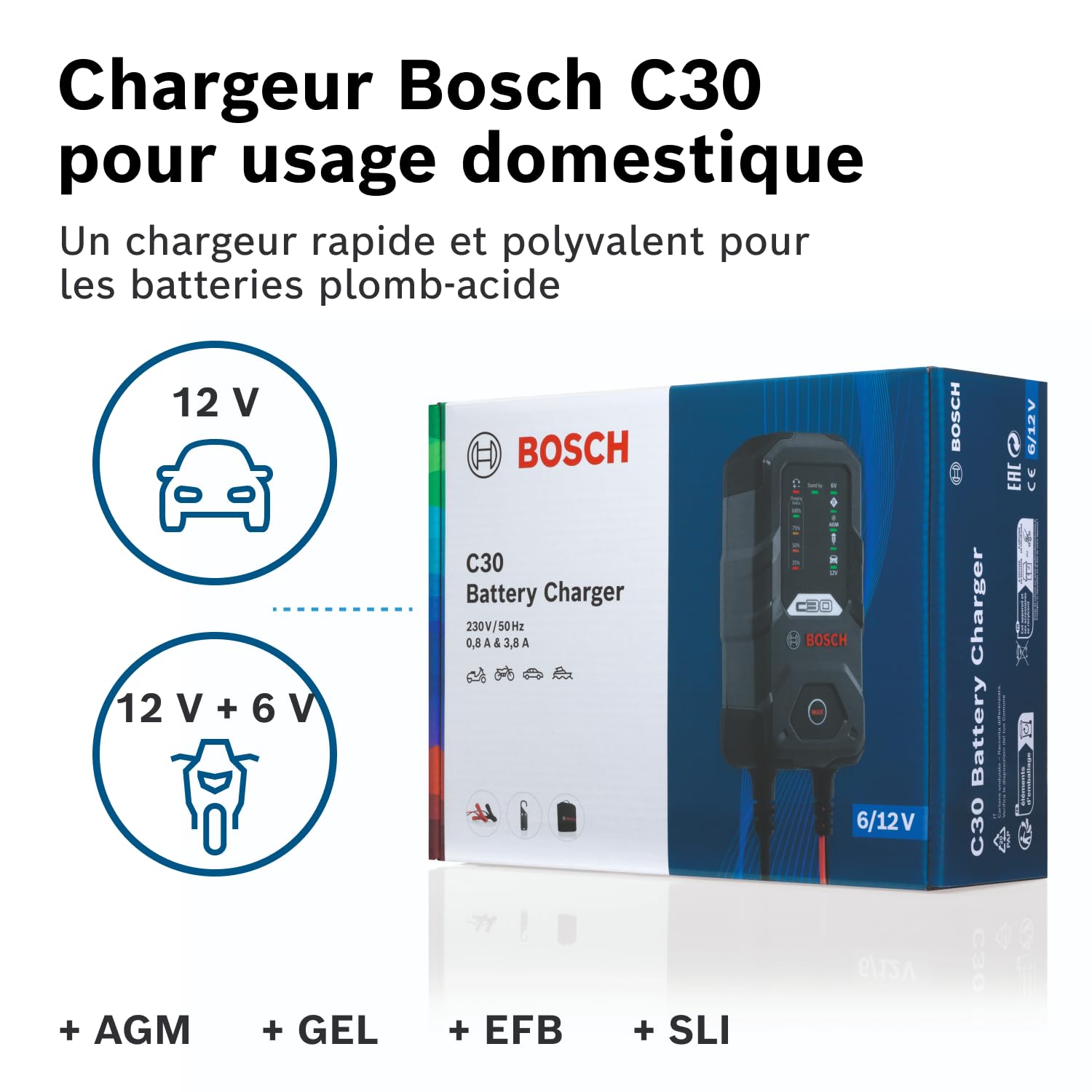 Bosch C30 Chargeur de Batterie de Voiture - 3,8 Ampères avec Fonction de Maintien - pour Batteries 6/12 V Plomb-Acide, EFB, Gel, AGM et SLI