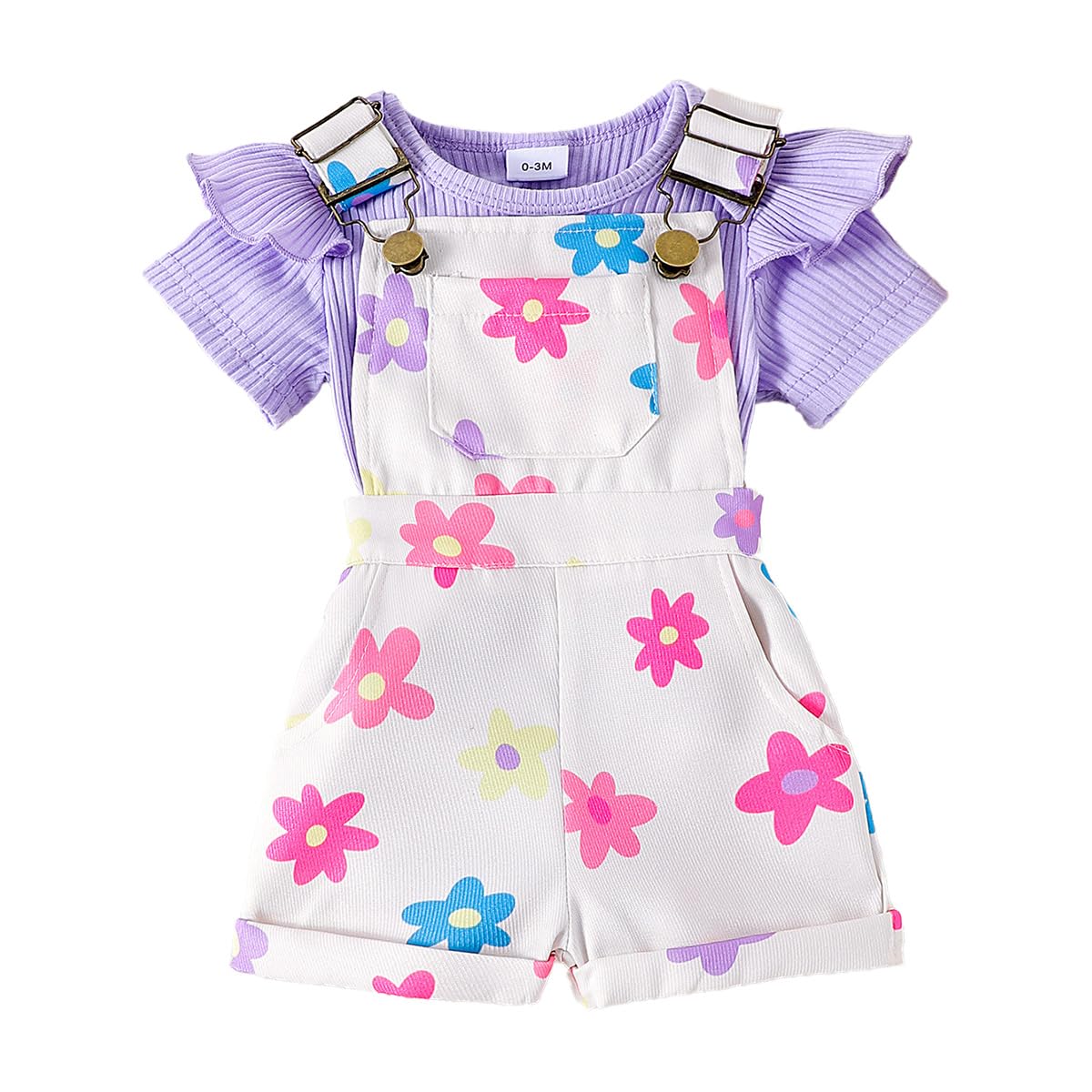 Conjunto Bebé Niña Peto de Verano, Manga Corta Top Acanalado Con Volantes + Ajustable Estampado Floral/Corazones Peto Corto Primavera Conjuntos — view 12