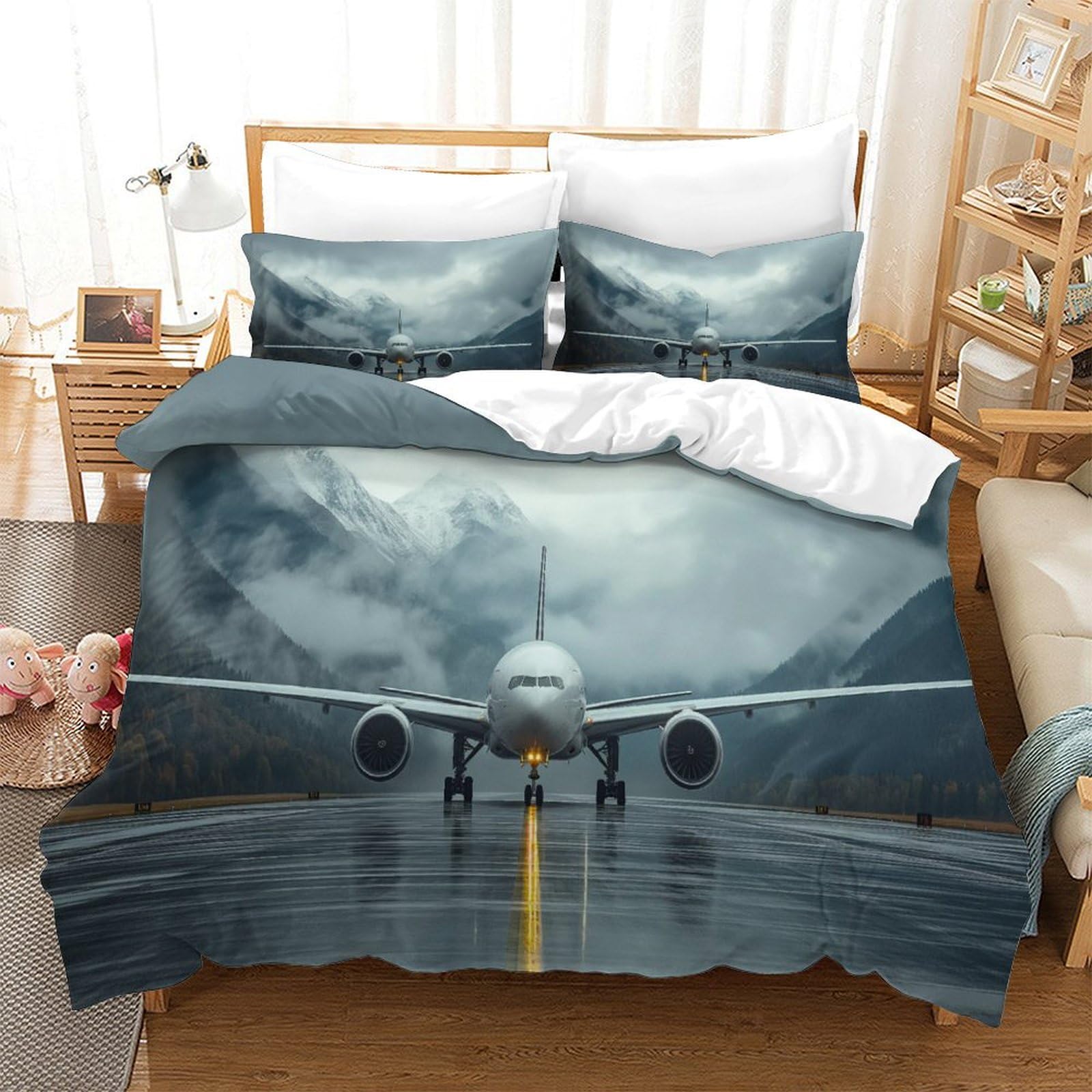 P1s9u7w5y Aircraft-2-1 Realistic Flight 3D Printed Airplane Duvet Cover Set 3Pcs Microfiber Airport Bedding Set Double（200X200cm）
