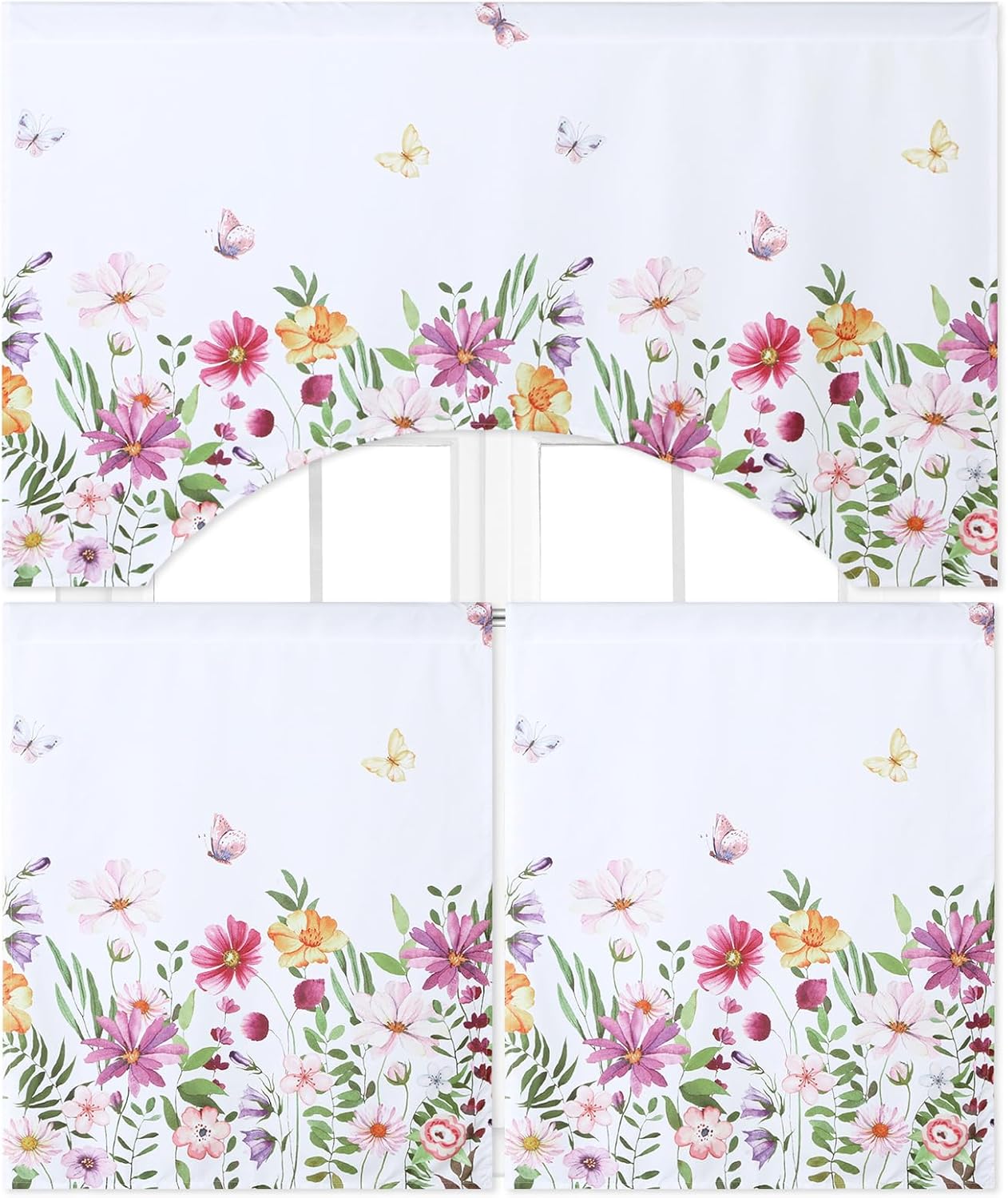 Ganeen 3 Pcs Kitchen Curtain Set for Window 30‘'x 36‘' Tulip Flower Cafe Curtains with Valance Pink Decoration for Bathroom Farmhouse Door Kitchen Window Gift