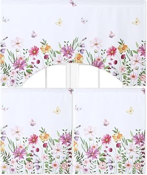 Ganeen 3 Pcs Kitchen Curtain Set, Flower Curtains with Valance