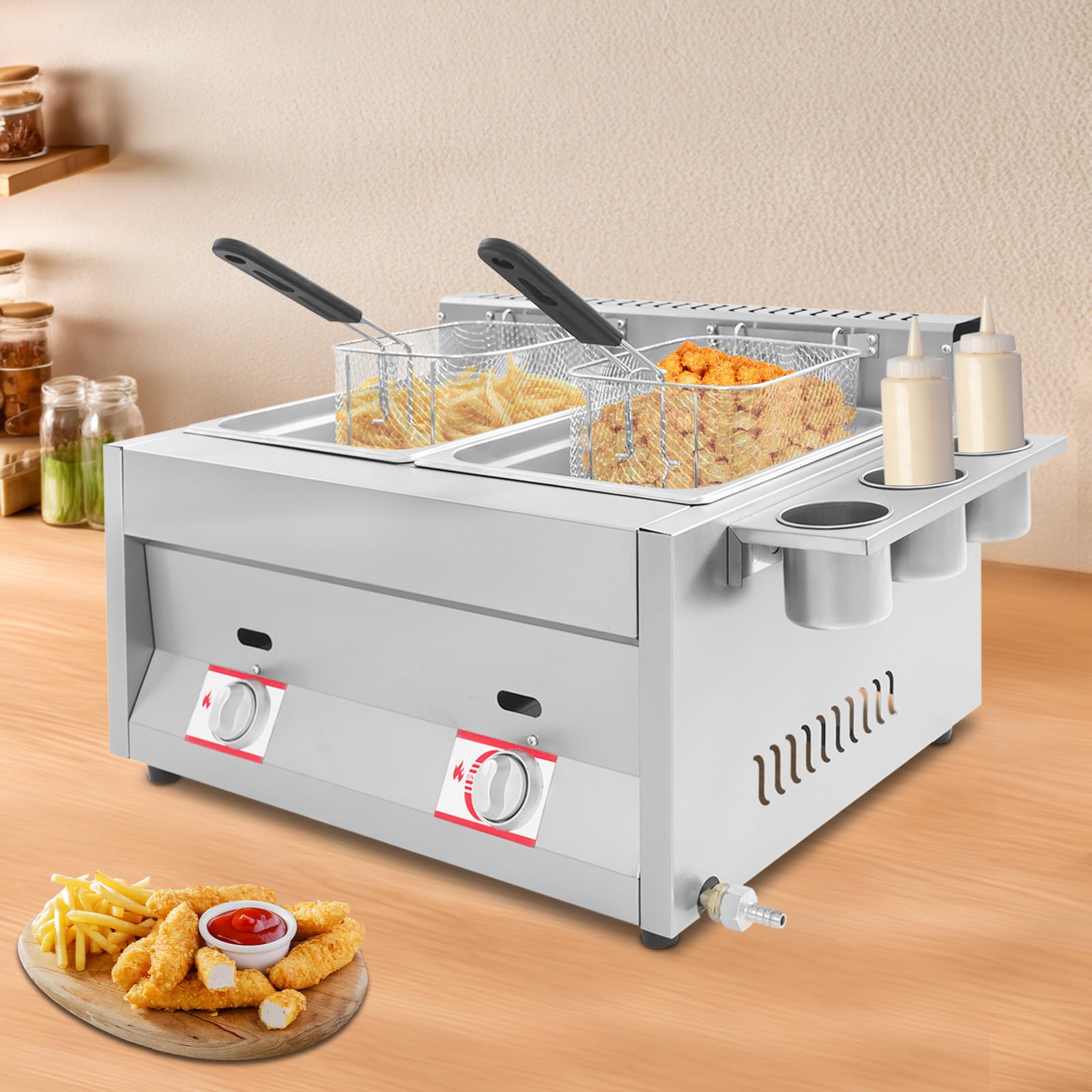Friggitrice a gas in acciaio inox 430, friggitrice commerciale con serbatoi doppi da 6L e controllo indipendente della temperatura, robusti piani di lavoro a gas commerciali per una frittura
