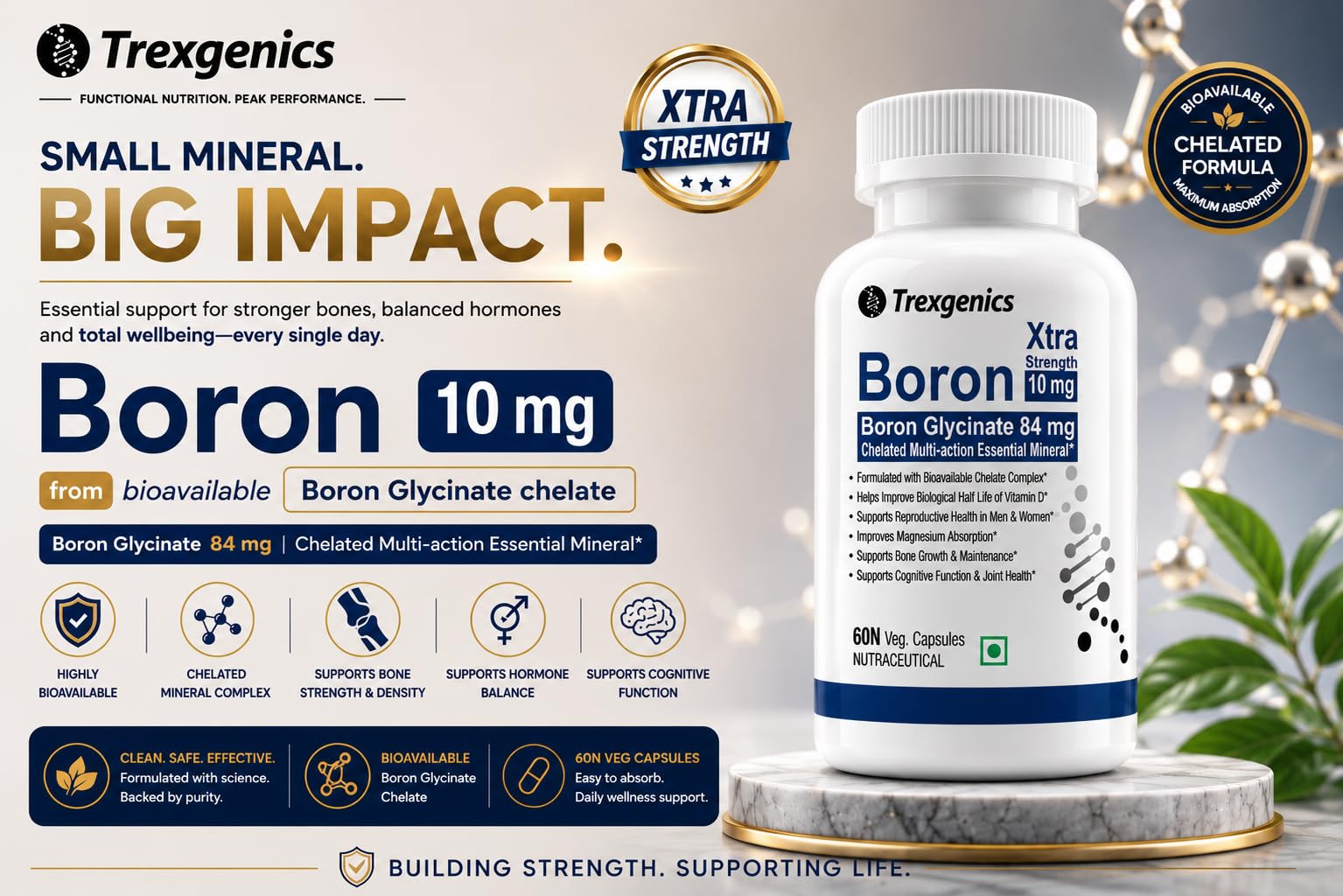 Trexgenics Boron 10 mg XTRA STRENGTH from Boron Glycinate Multi-action Mineral, Bone, Cognitive Function, Reproductive & Joint Health ((60 Veg Capsules) 1