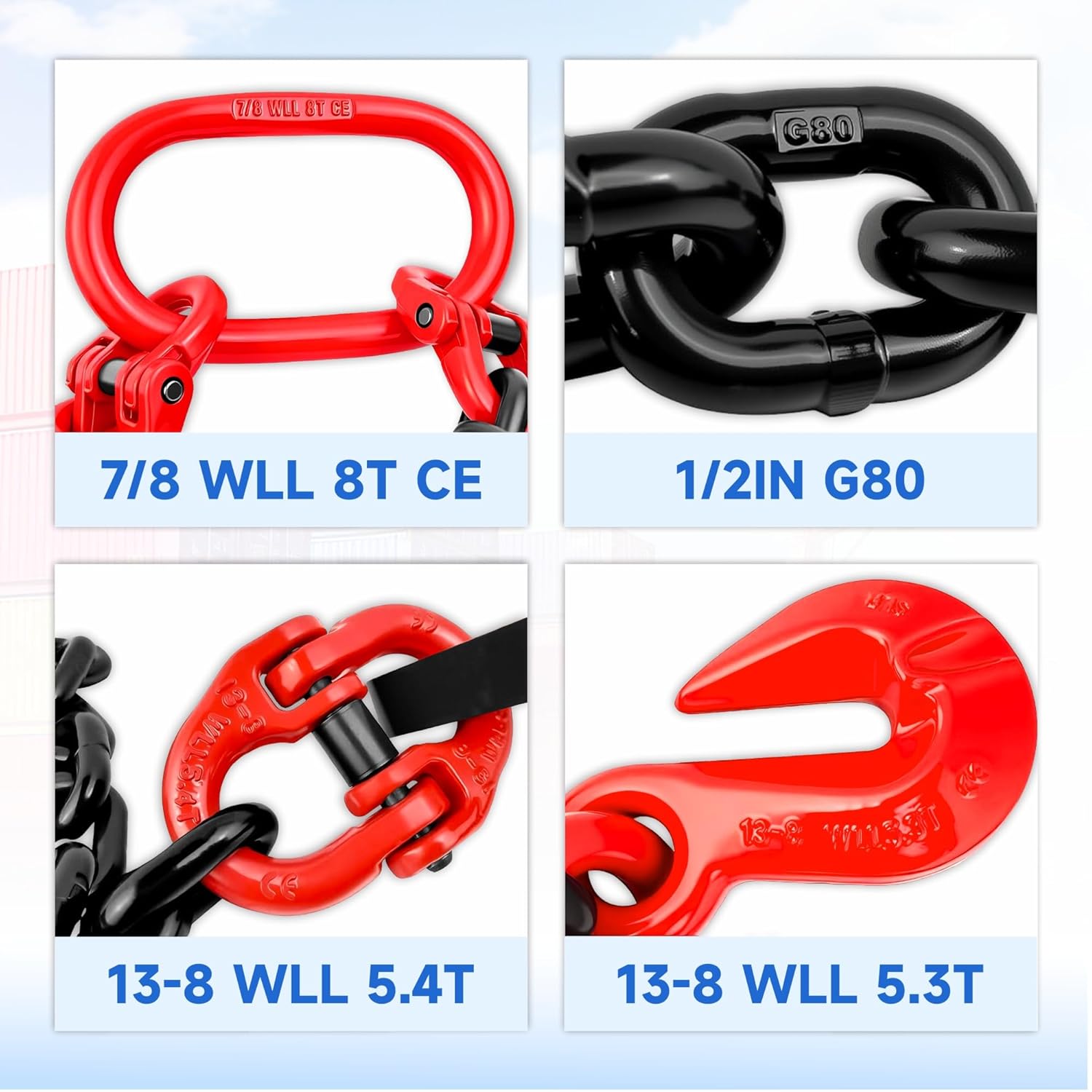 Shipping Container Loading Chain(1/2" x 5'),G80 with Double Locking Safety, 8800 lbs Capacity for 20FT 40FT Conex Container Accessories, Truck & Trailer