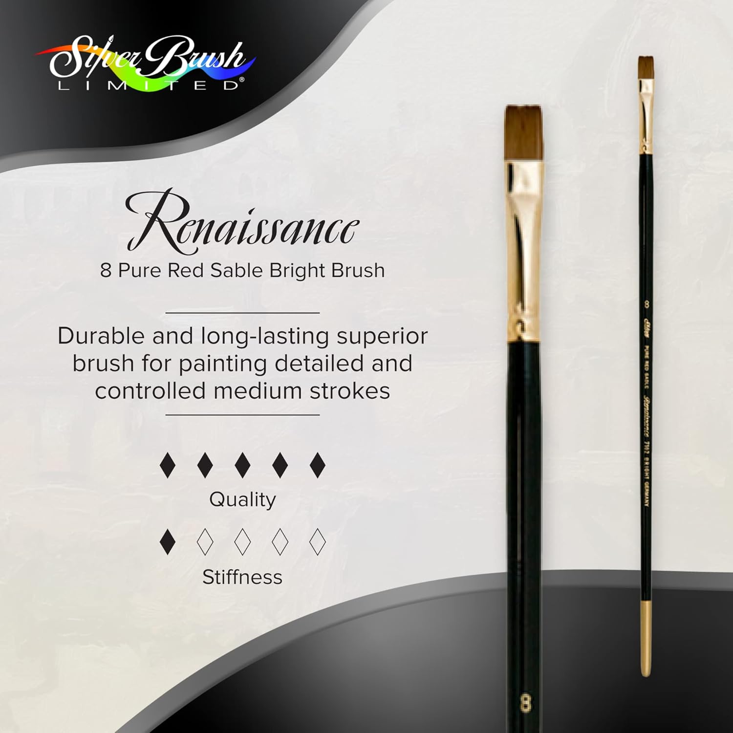Silver Brush Limited 7102 Renaissance Bright Brush for Watercolor and Oil Paintings, Sable Bright Brush, Size 8, Long Handle