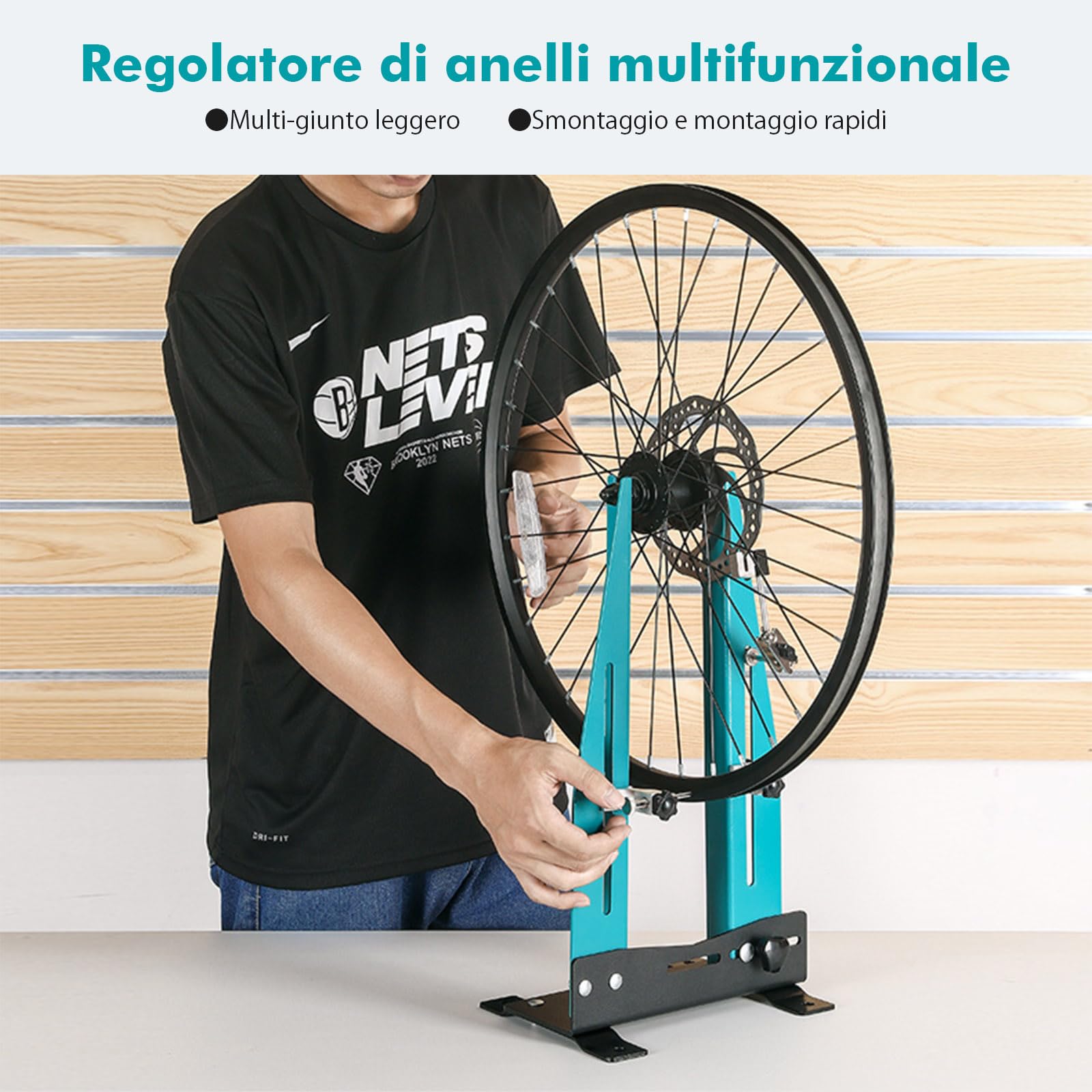 Mimoke Supporto di centraggio per bicicletta per ruote da 16 a 29" con asta per asse continuo. Adatto per allineamento dei cerchi e larghezza delle ruote da 90 a 150 mm