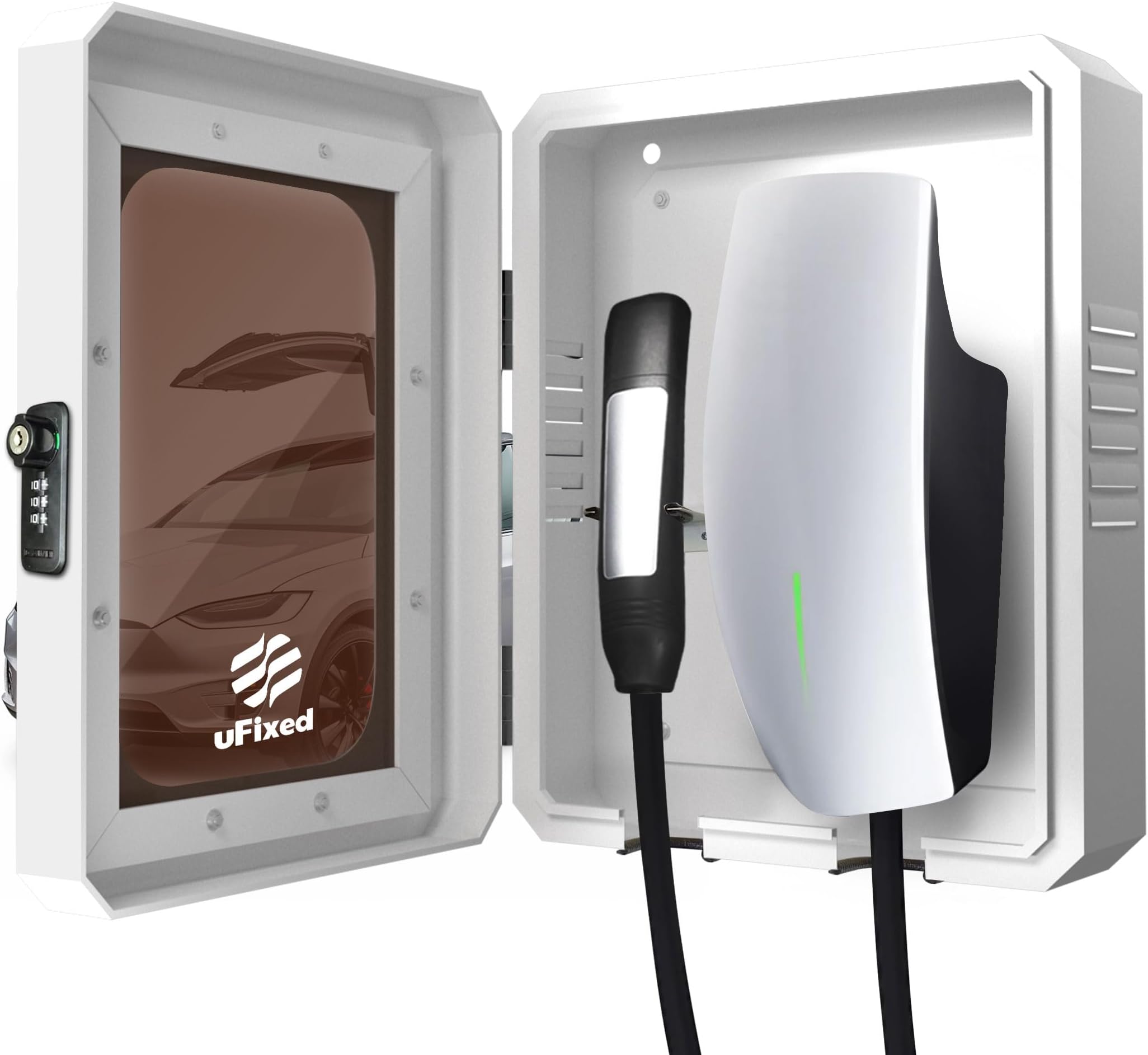 Compact Outdoor EV Charger Enclosure Wall Box with Lock for Tesla Wall Charger and ChargePoint | Weatherproof, Visible, Easy to Install, White
