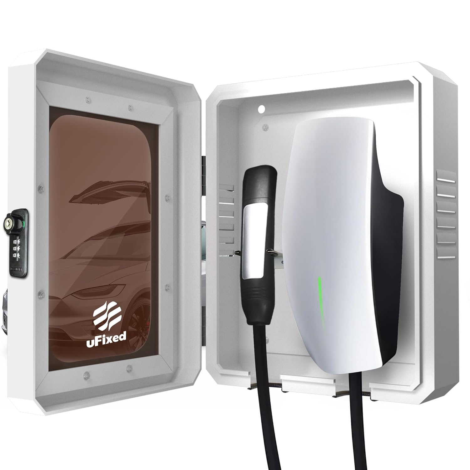 Outdoor EV Charger Enclosure with Lock, Weatherproof Metal Wall Box for Tesla Wall Connector and ChargePoint Charger, Visible Window, Easy Installation, White