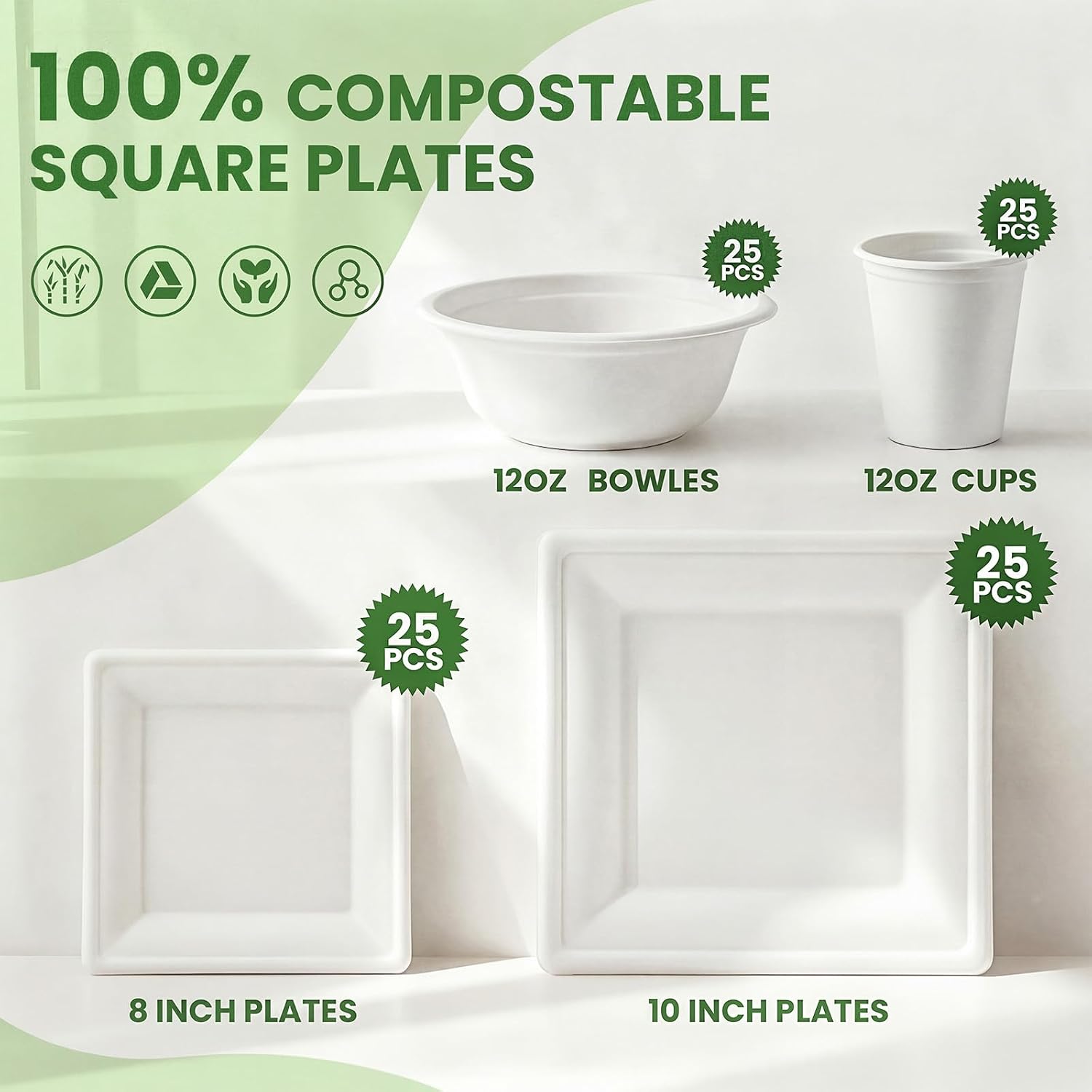 Havawish 100 Pcs Compostable Paper Plates and Bowls Set for 25 Guests, 10in & 8in Heavy Duty Sugarcane Disposable Plates 12 oz Biodegradable Cups and Paper Bowls, Party Camping Picnic(white) image 3
