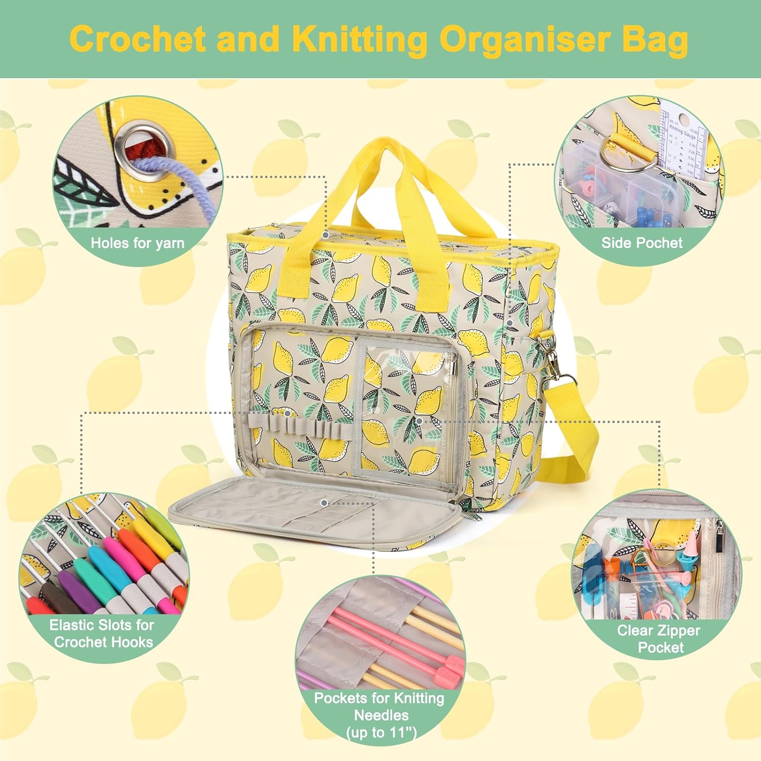 Yarn Storage Organizer Travel Crochet Bag, Large Capacity Tote Bag Knitting Bag for Carrying Projects, Knitting Needles, Crochet Hooks and Yarn, Fruit Yellow Lemon