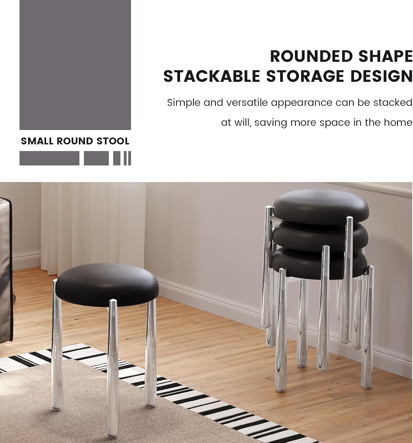 Modern Stackable Round Stools Set of 4, 18.7" PU Leather Upholstered Metal Stools, Small Space-Saving Chairs for Kitchen, Living Room, Apartment, Black