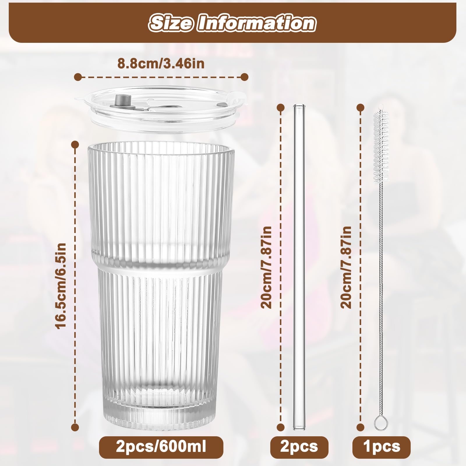 Set 2 Bicchieri In Vetro Con Coperchio Ermetico E Cannuccia – 600 Ml, Design Scanalato, Trasparenti – Per Smoothie, Cocktail, Caffè, Tè, Acqua, Birra - 3