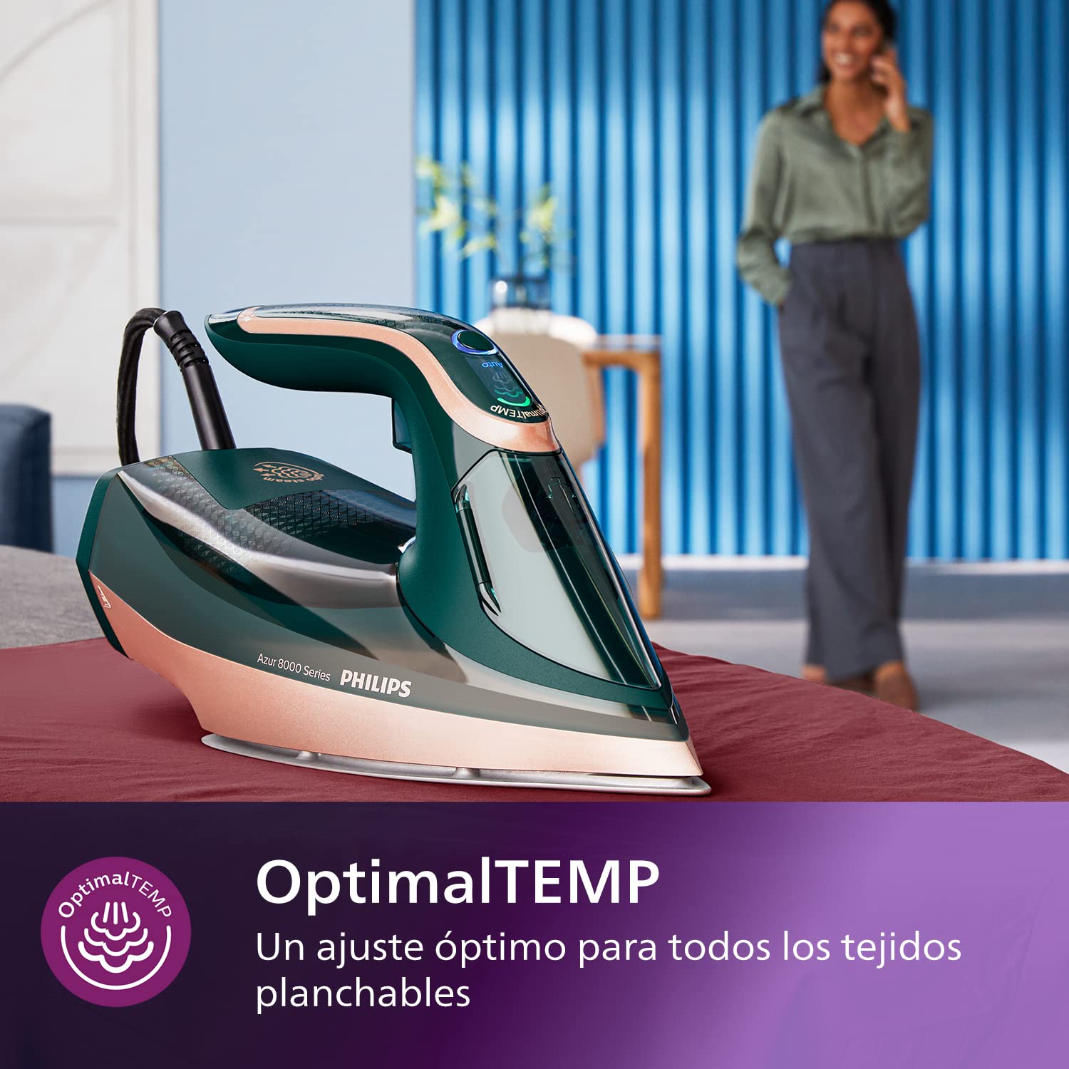 Philips Azur 8000 Plancha de Vapor, 3000W, depósito 305 ml, Verde Ópalo | Golpe de vapor 240g, 70g/min continuo, OptimalTEMP sin quemaduras, suela SteamGlide Elite, vapor vertical (DST8030/70)