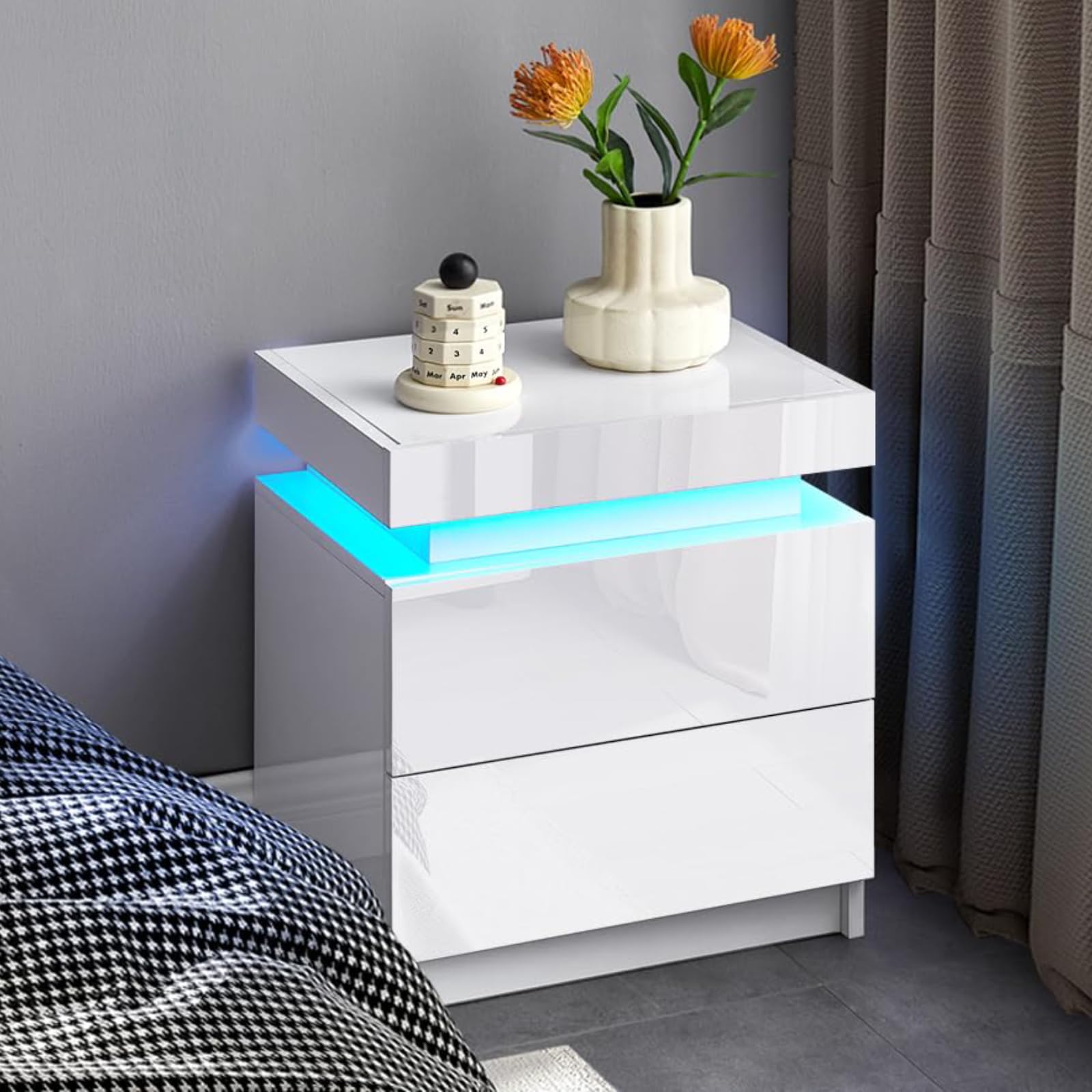 LEMROE Bedside Table with 2 Drawers White, High Gloss Fronts & Adjustable 7 Colors Lights, Bedroom Filp Top LED Cabinet, Modern Nightstand for Home Living Room — image 1