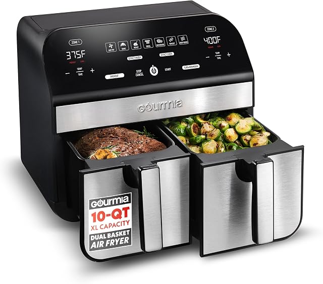 Friteuse à air Gourmia 10-quarts/9.4 litres capacité à double panier, avec finition intelligente et 7 fonctions de cuisson