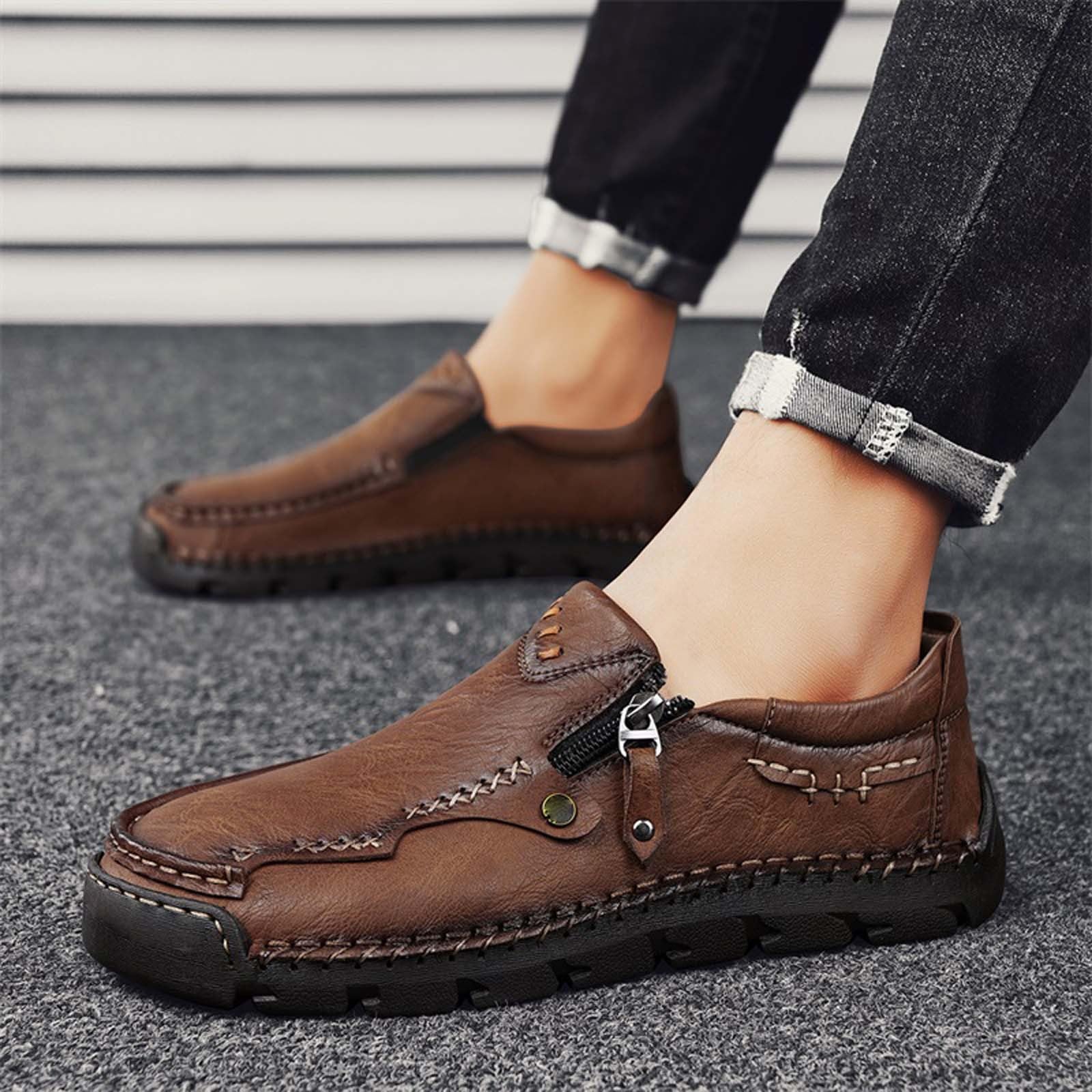 Halbschuhe Herren Leder Freizeitschuhe Mit Reissverschluss Sportlich Lederschuhe Flache Sohle Turnschuhe rutschfest Atmungsaktive Slipper Bequeme Casual Sportschuhe Schlupfschuhe