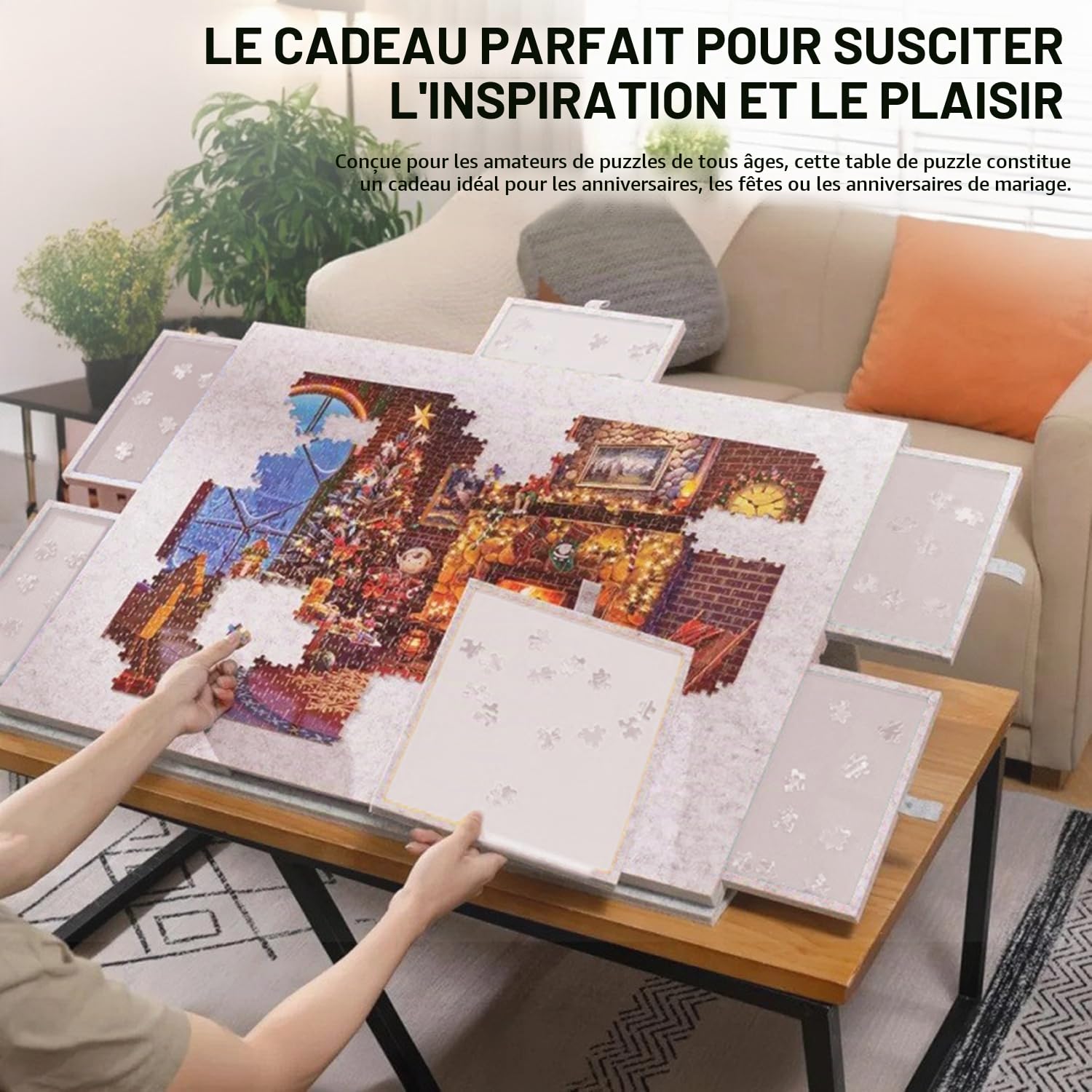 Table Puzzle 1000 Pièces,Support Pour Puzzle,Planche à Puzzle Inclinable Avec Support Et Couvercle 2 En 1,Avec 6 Tiroirs De Classification,Surface Antidérapante,Plaque De Recouvrement Pliable(Kaki)