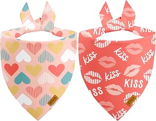 Valentines Dog Bandana - 2 Pack Reversible Pink Pet Scarves, Kiss and Heart Designs, Adjustable Fit for Girl and Boy, Gift for Medium & Large Dogs (Large)