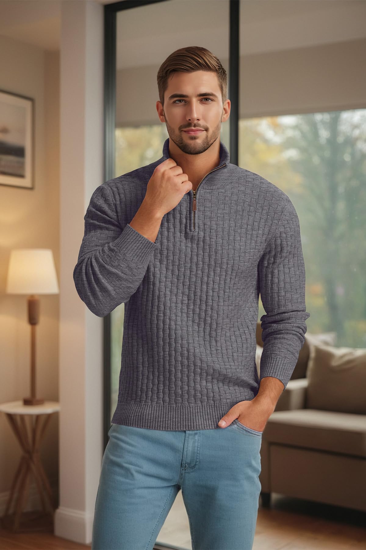 QIXING Herren Viertelzip Waffelstrick Strickpullover Halbhoher Kragen Dicker Winterpulli Casual mit 1/4-Reißverschluss