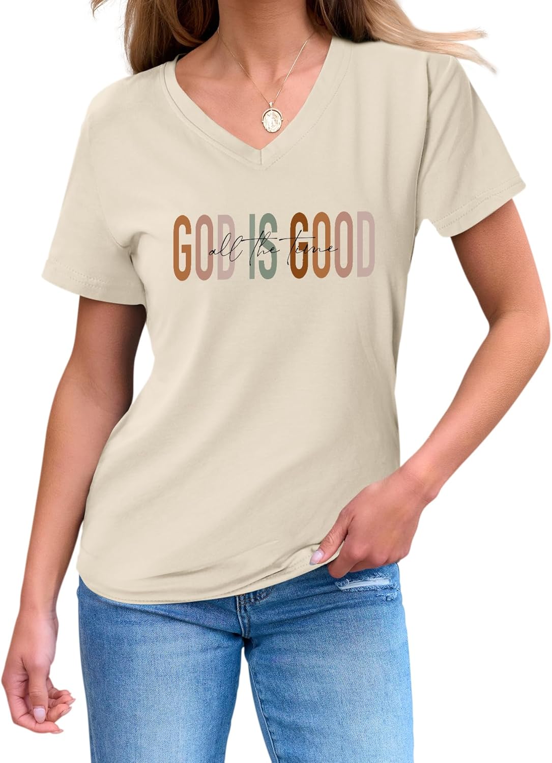 Christian Shirts for Women God is Good All The Time Christian T Shirts Cute Religious V Neck Trendy Faith Tee Tops - Image 3