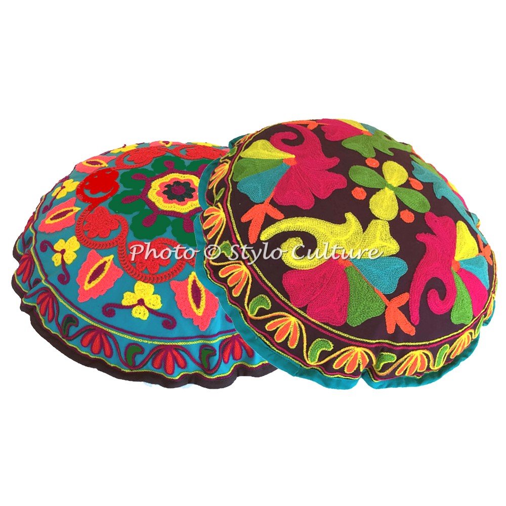 Copricuscino Da Pavimento Rotondo Indiano Boho – Ricamo Sujani Multicolore, Ø45 Cm, Solo Fodera, In Cotone - 3