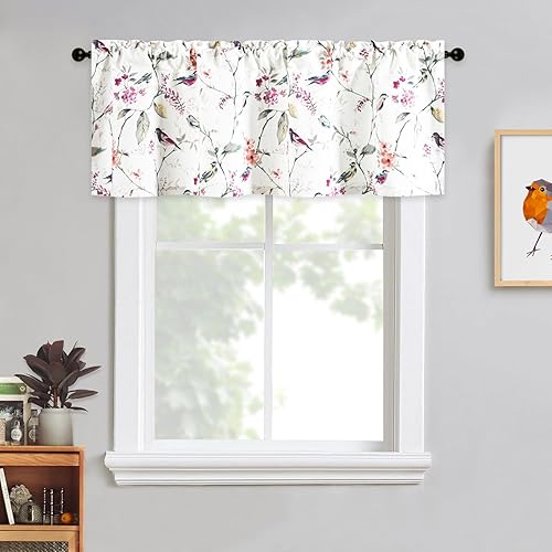 Miniatura 64 de VOGOL Cenefas con patrón de pájaros para ventanas de cocina, cenefa texturizada de lino con estampado floral y pájaros para ventanas pequeñas