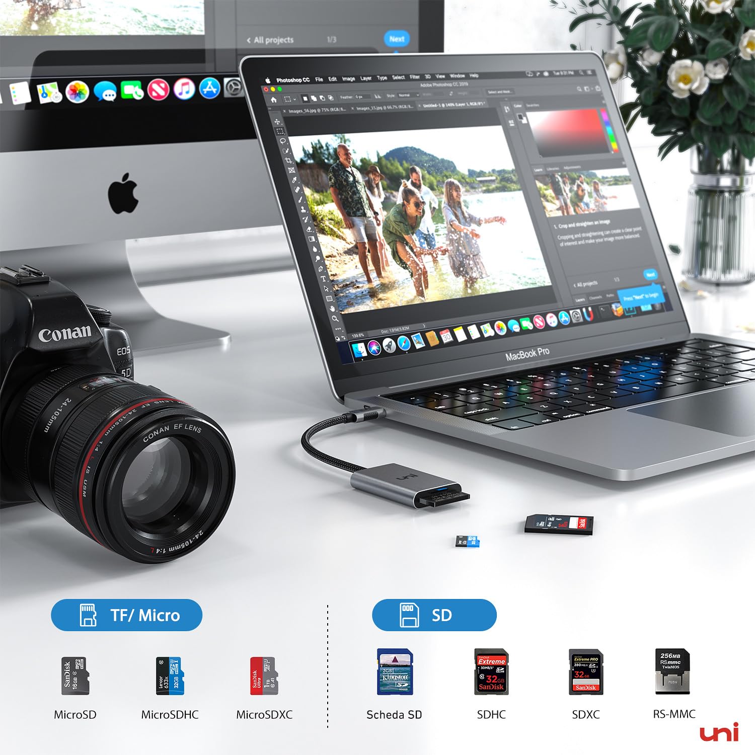 uni USB C Lettore di Schede SD, TF Adattatore Memoria Micro SD [Thunderbolt 3] per SDXC/SDHC/MMC/RS-MMC/UHS-I, Compatibile con iPhone 15 Pro Max MacBook Pro Air iPad Pro Android Galaxy S22 ecc.