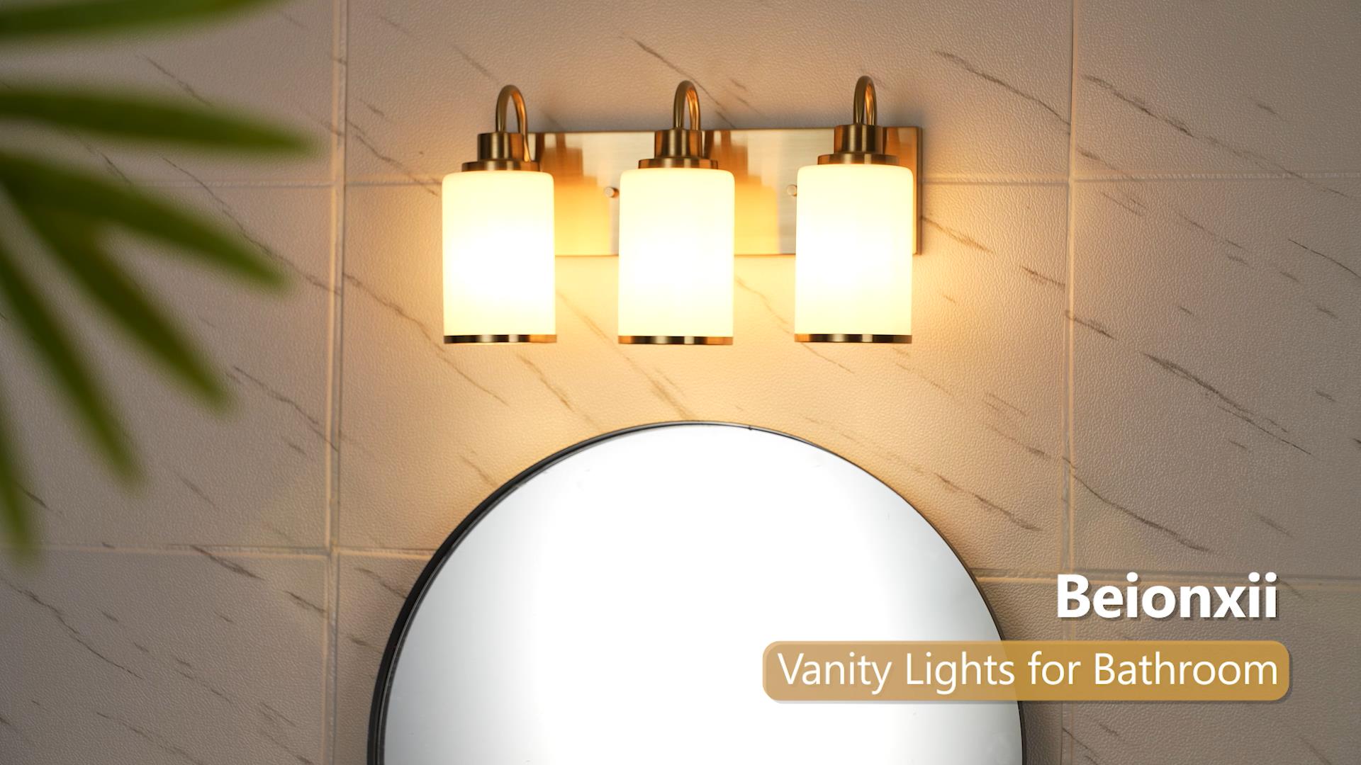 Image of Beionxii Bathroom Vanity Light, 3 Light Gold Bathroom Light Fixtures, Vanity Lights with Milk Glass Shade, Modern Vanity Lighting Fixtures Over Mirror Living Room Hallway, BX-VL01BG-3